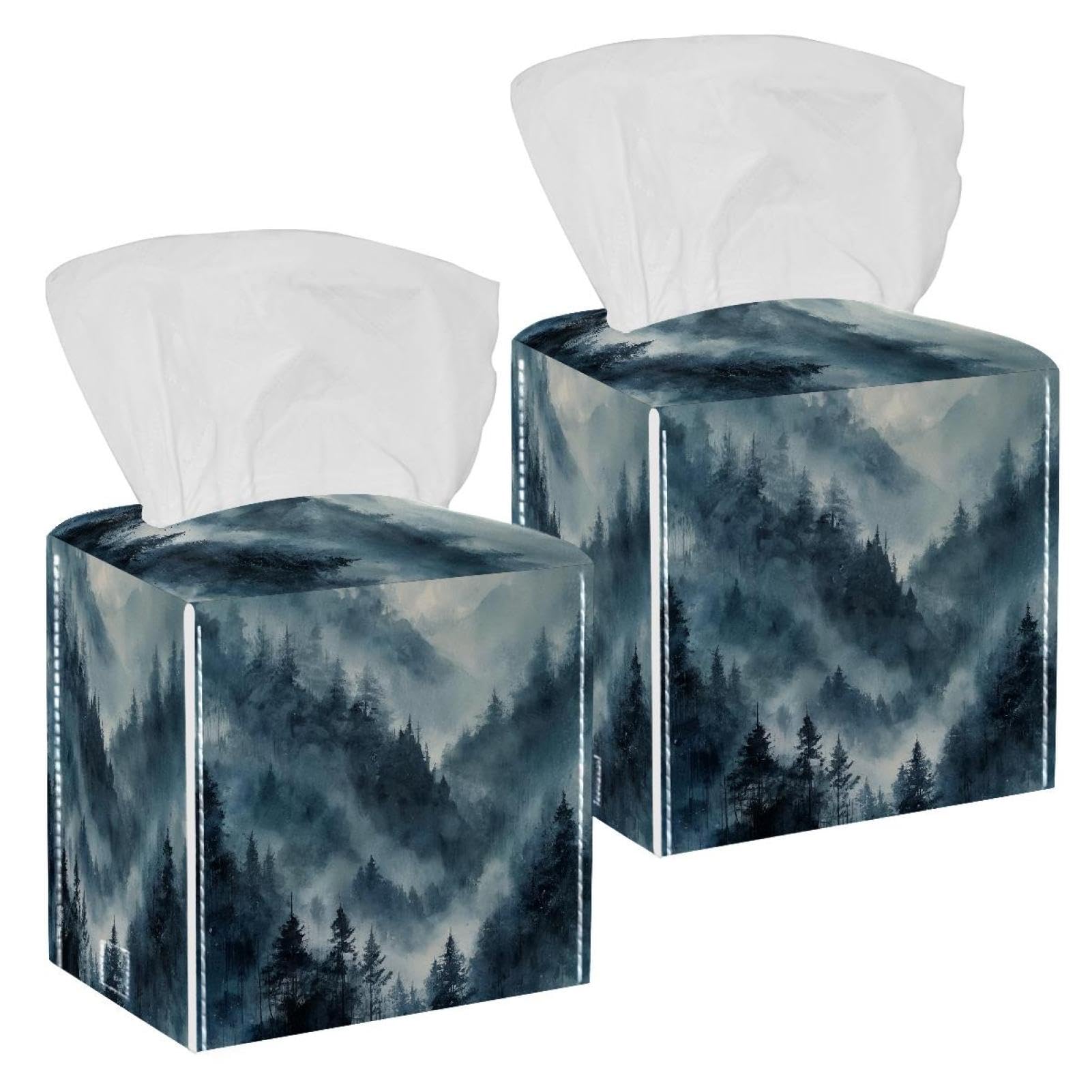 Cloud Pine Forest Tissue Box Cover, 2 Pack PU Leather Square Facial Tissue Dispenser Box holder for Home Office Car