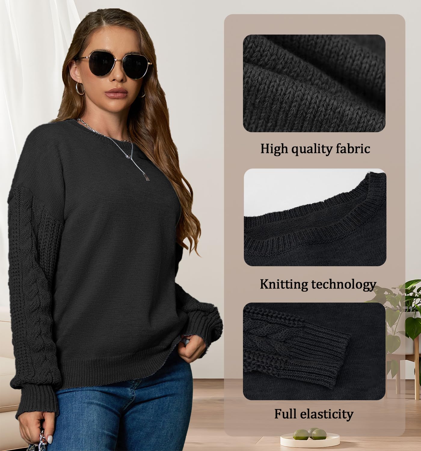JFAN Damski zimowy sweter z okrągłym dekoltem luźny luźny sweter damski elegancki sweter