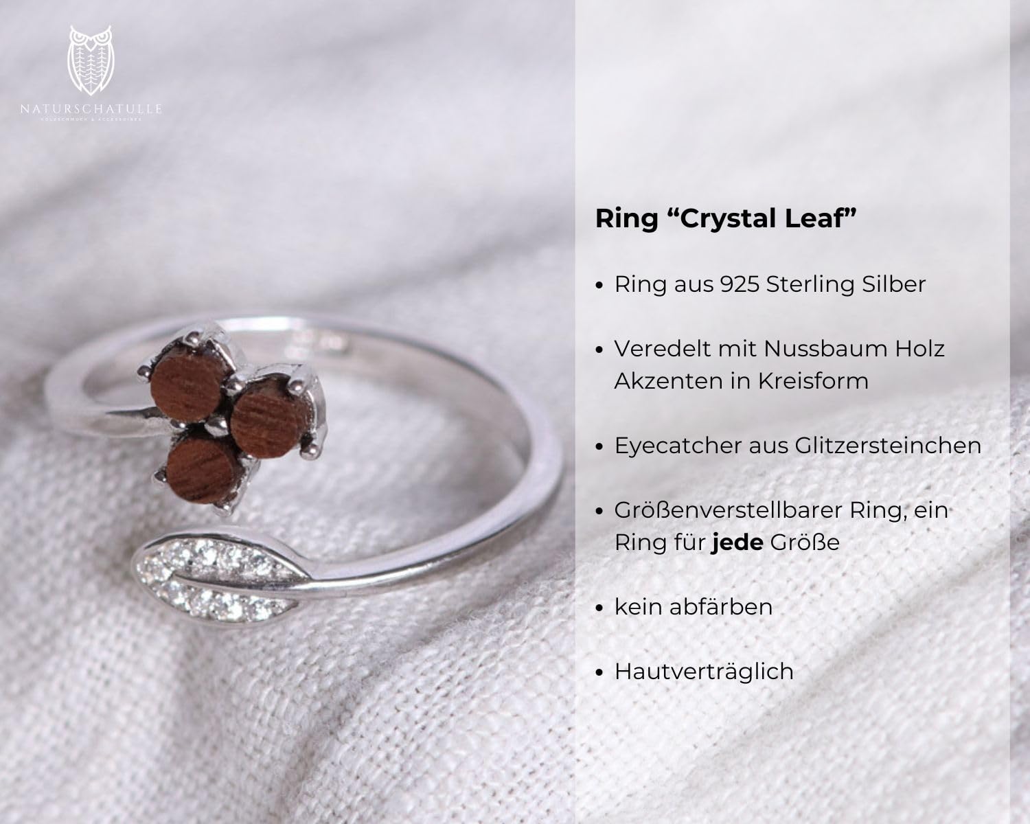 NaturSchatulle Anillo de madera Collection de plata 925, anillo de madera ajustable con inserto de madera, regalo para mujeres