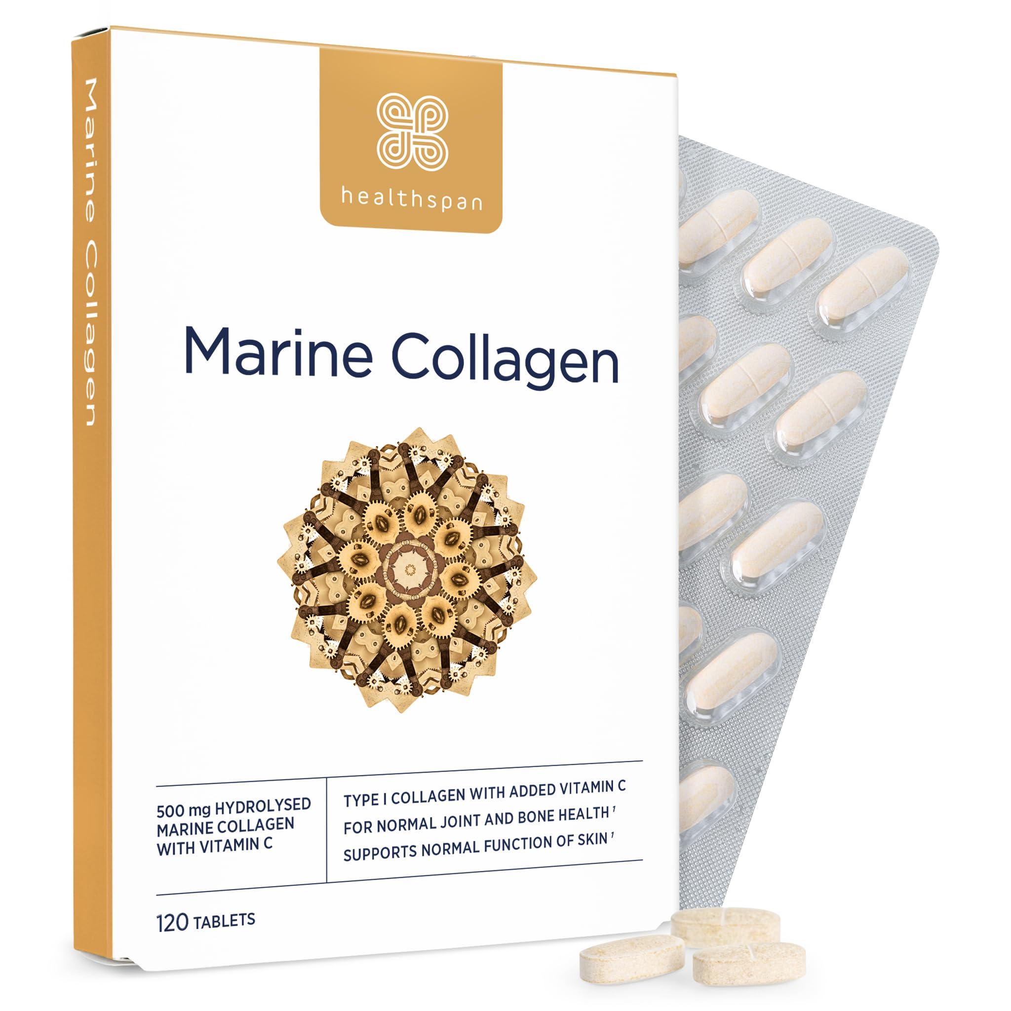 Healthspan Marine Collagen 500mg (120 Tablets) | Hydrolysed Type I Marine Collagen | Support Your Skin, Bones & Joints | Added Benefits for Skin & Beauty | with Vitamin C