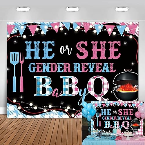 Miniatura 8 de Yeele Telón de fondo para revelación de género de bebé de 5 x 4 pies con texto en inglés "He or she Baby Shower Baby Shower Pink Blue Fotografía
