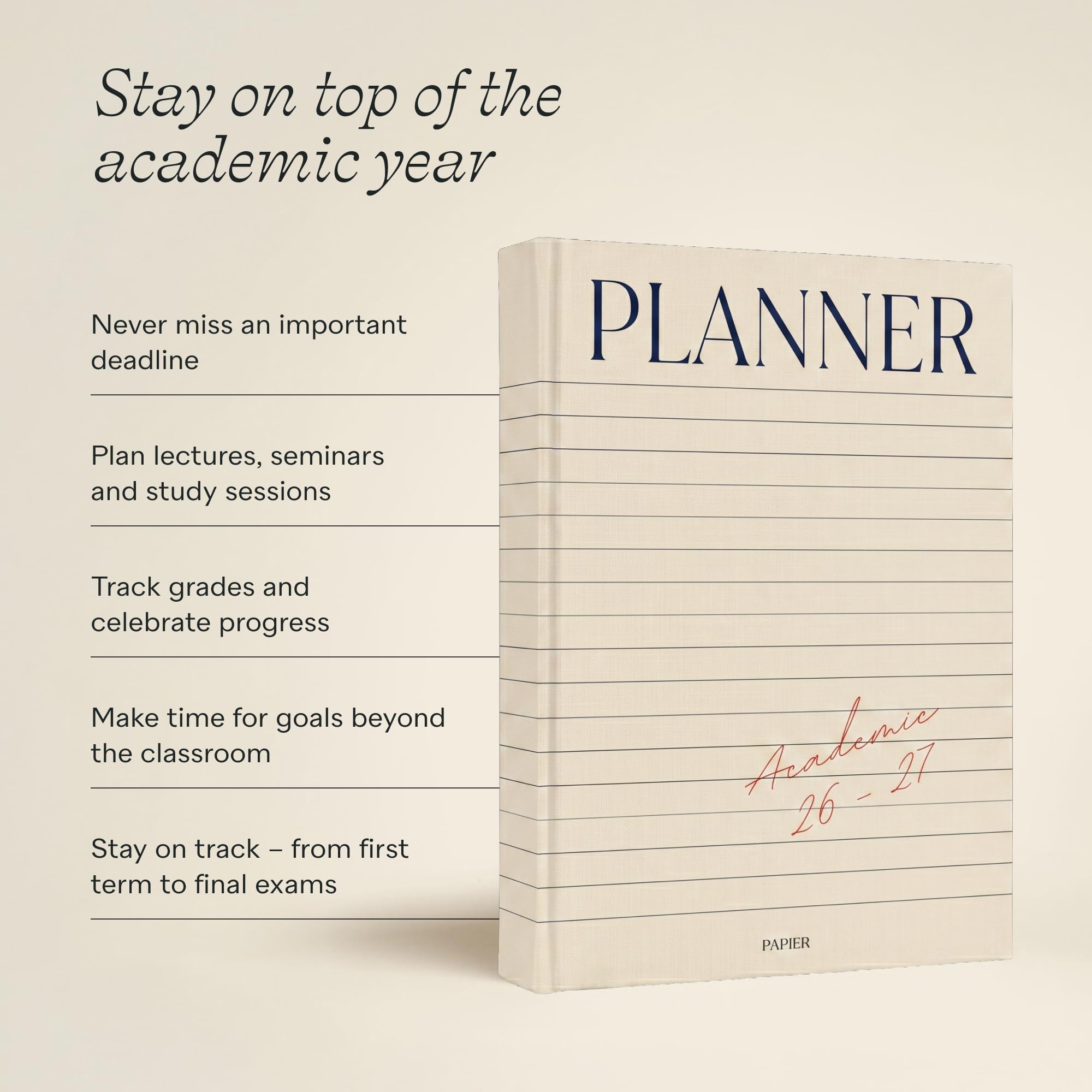 Papier In The Grid - Agenda accademica 2026/27, formato A5, con copertina rigida, organizer settimanale e mensile, carta da 100 g/m², include pagine per obiettivi, date chiave e pianificazione dei