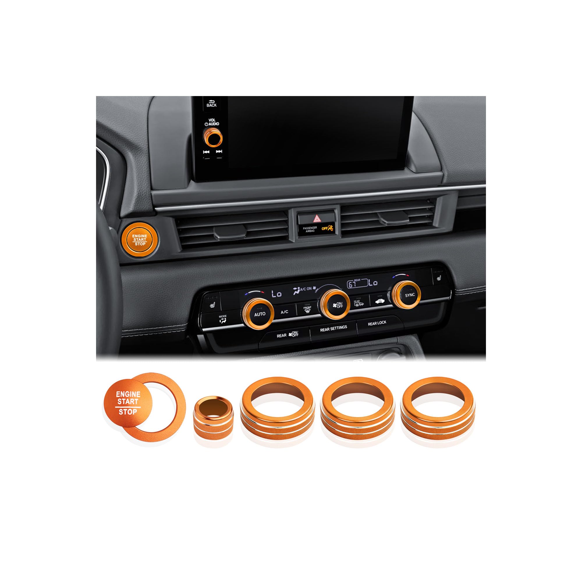 for Honda Pilot Accessories 2023-2025, 6pcs Aluminum Alloy Trim Knob Covers Kit - Push Start, Air Conditioning &amp; Volume Tune (Orange)