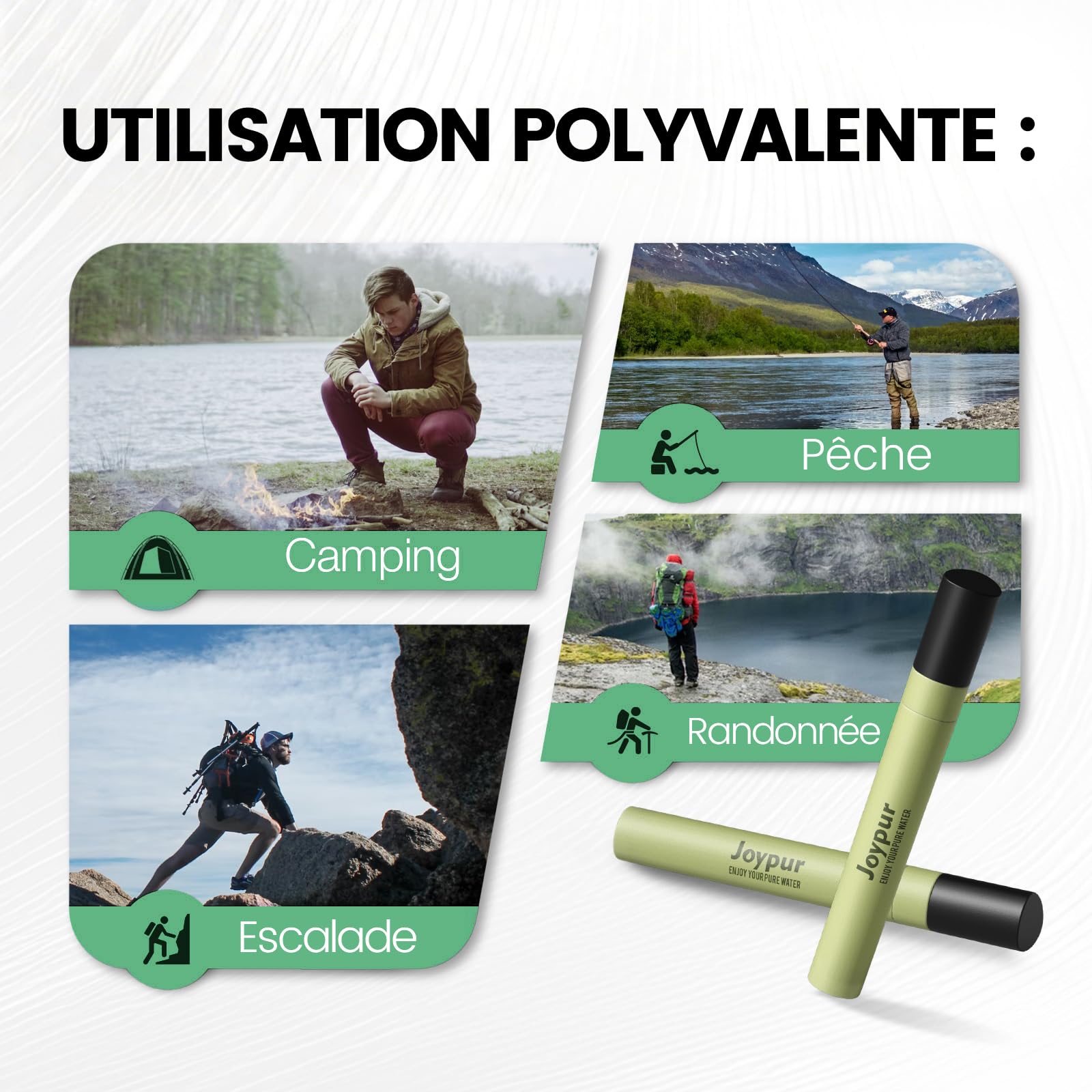 Paille Filtrante Survie Triangle 0.01µm, Filtre à Eau Portable Léger 30g, Élimine 99.9999% des Impuretés, 1000L Filtration, Pour Camping Randonnée Voyage, Lot de 4, Vert