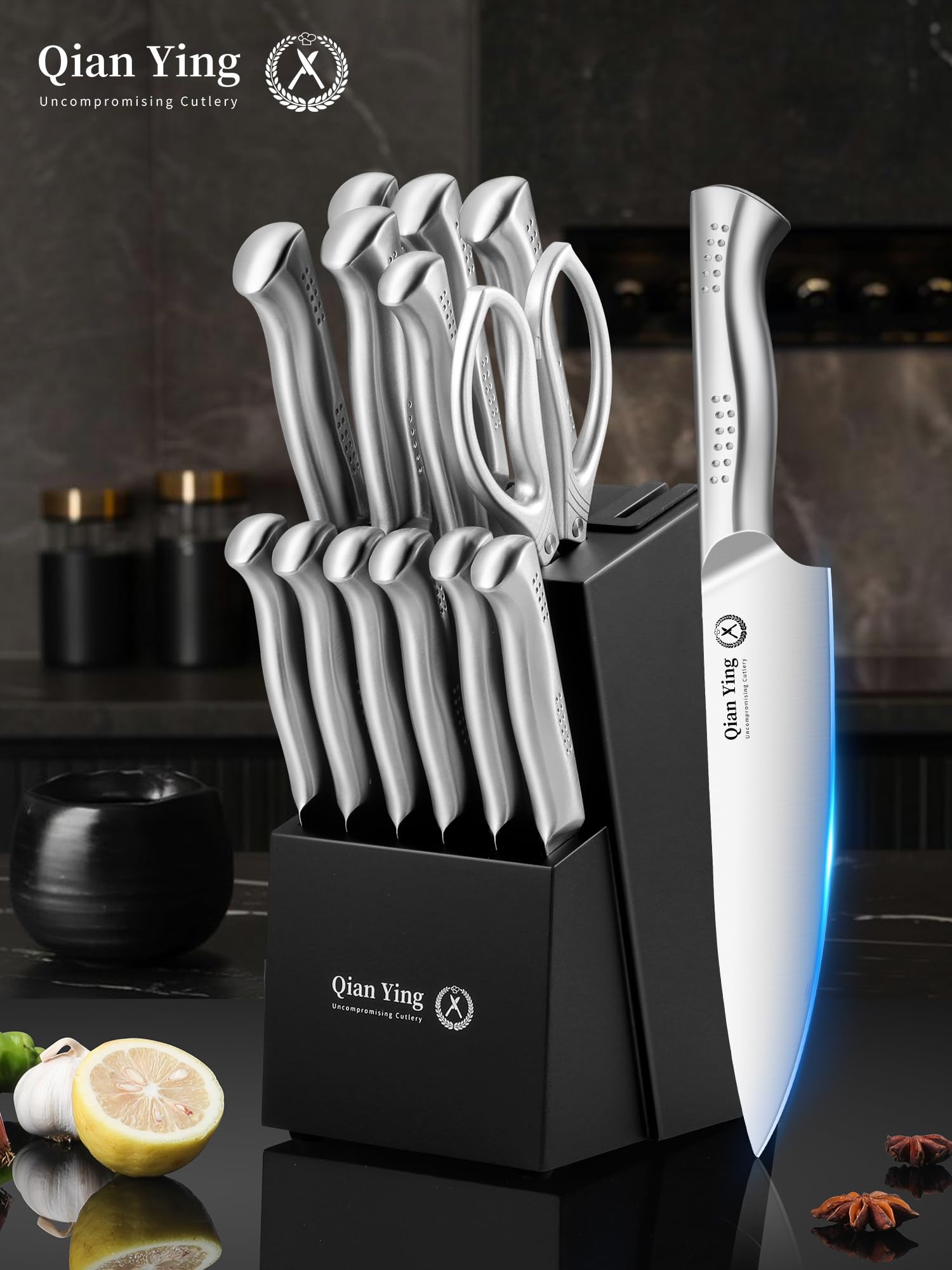 Ensemble de Couteaux de 14 Pièces avec Bloc avec Aiguiseur Argenté, Cadeau pour Maman