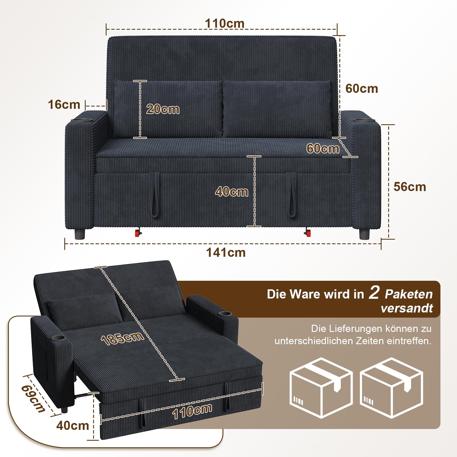 Devoko 2-Sitzer Schlafsofa 140 cm breit, Modernes Sofa mit Schlaffunktion, Ausziehbare Schlafcouch mit Verstellbarer Rückenlehne, Platzsparendes Klappsofa für Wohnzimmer, Blauschwarz
