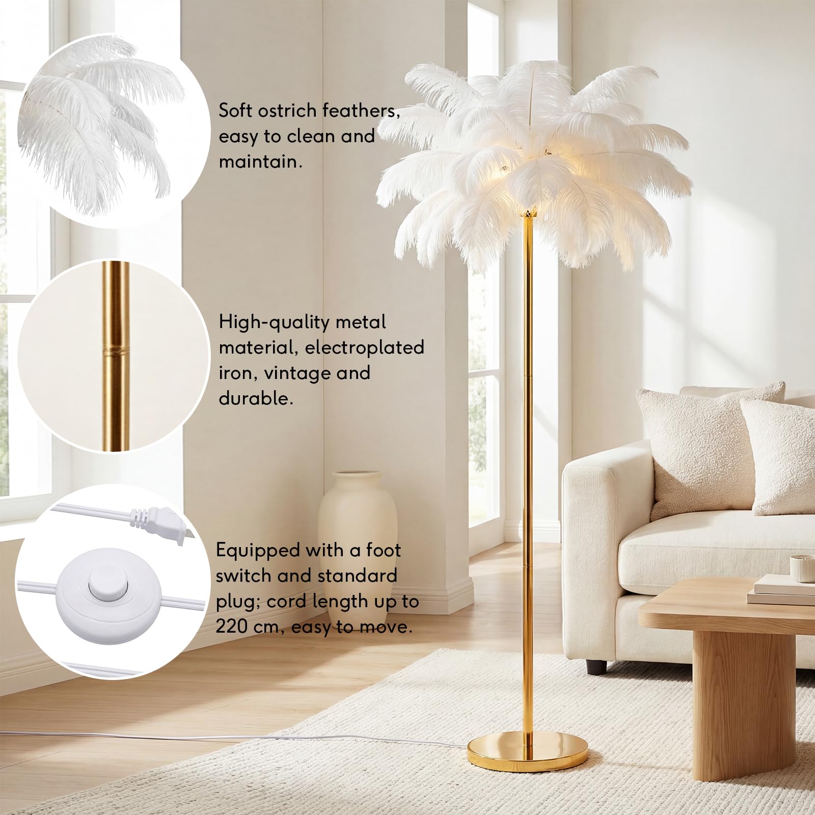 Federlampe Stehlampe, Straußenfeder-Stehlampe 160cm Große, 3 Farbtemperaturen, G4 Led Lampen Wohnzimmer, für Wohnzimmer Kinderzimmer Schlafzimmer, Lesen, Büro