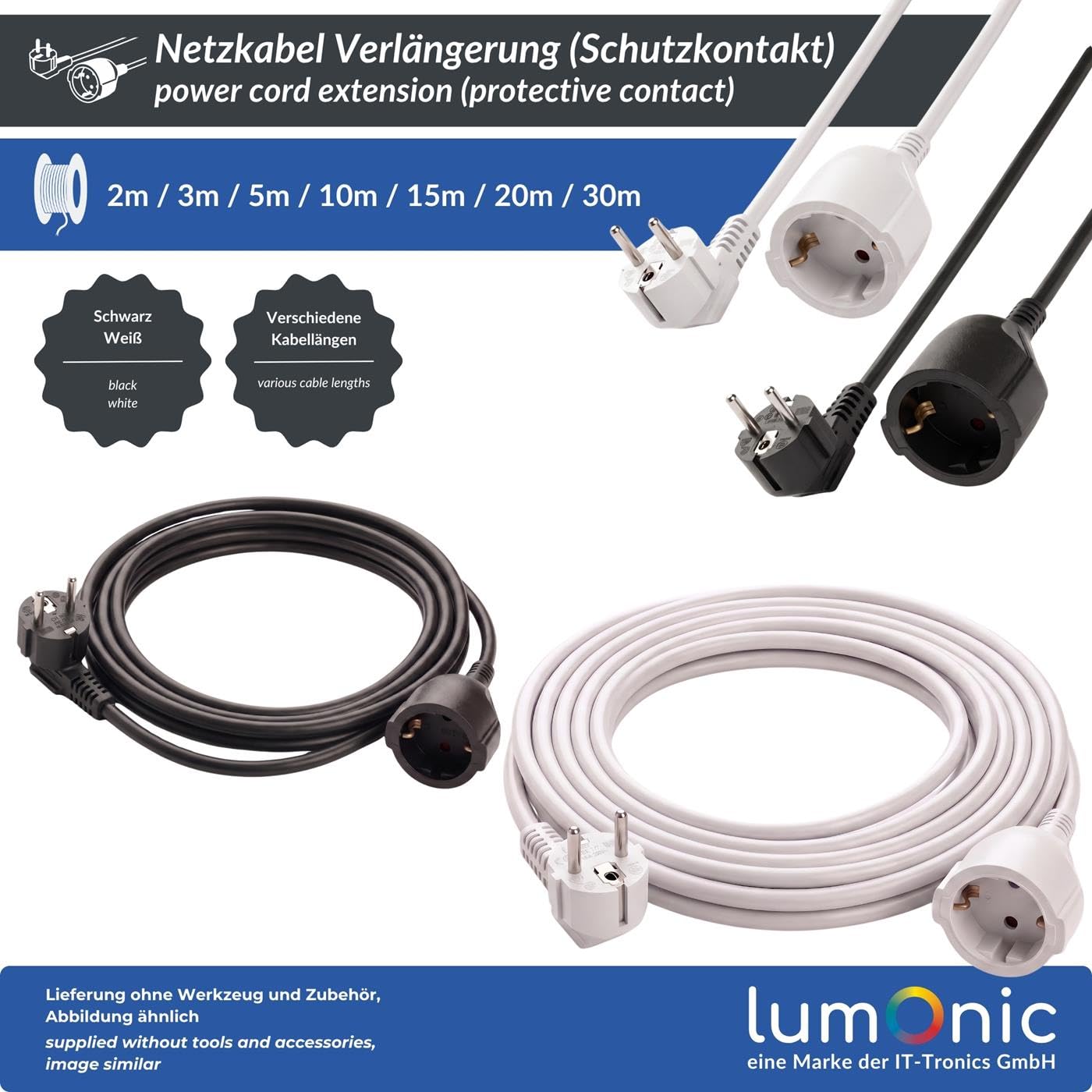 Lumonic Rallonge Schuko blanche, 30 m, 230 V - Sécurité enfants au niveau de la prise, pour lave-linge et lave-vaisselle, protection anti-pliure au niveau de la fiche