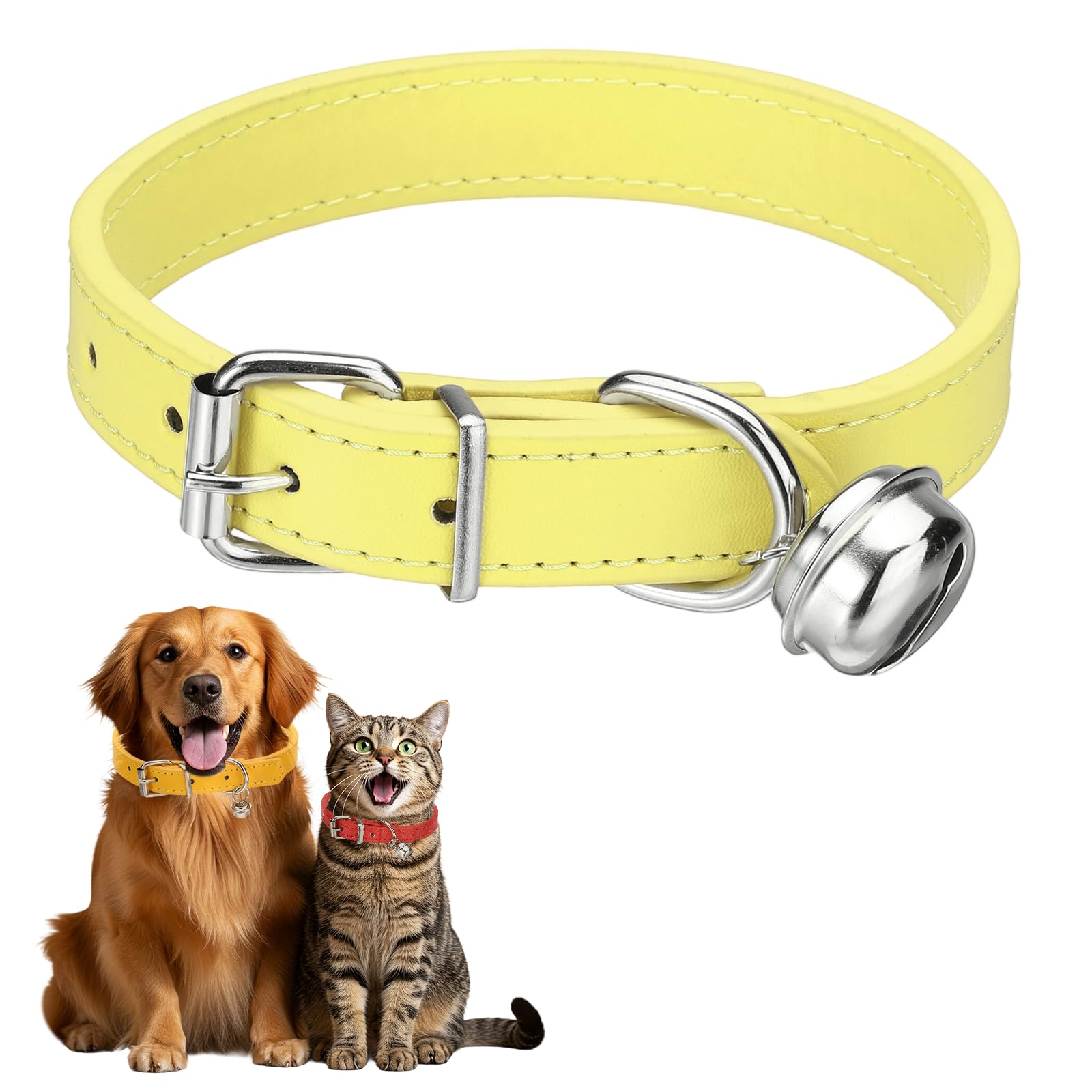 sourcing map Dog Collar with Bell, Pu Leather Cat Collars Pet Basic Soft Padded Adjustable Buckle, 16" (Yellow, 1 Pcs), Intended for Teacup/Little Dog/Kitten Cats/Small Animals