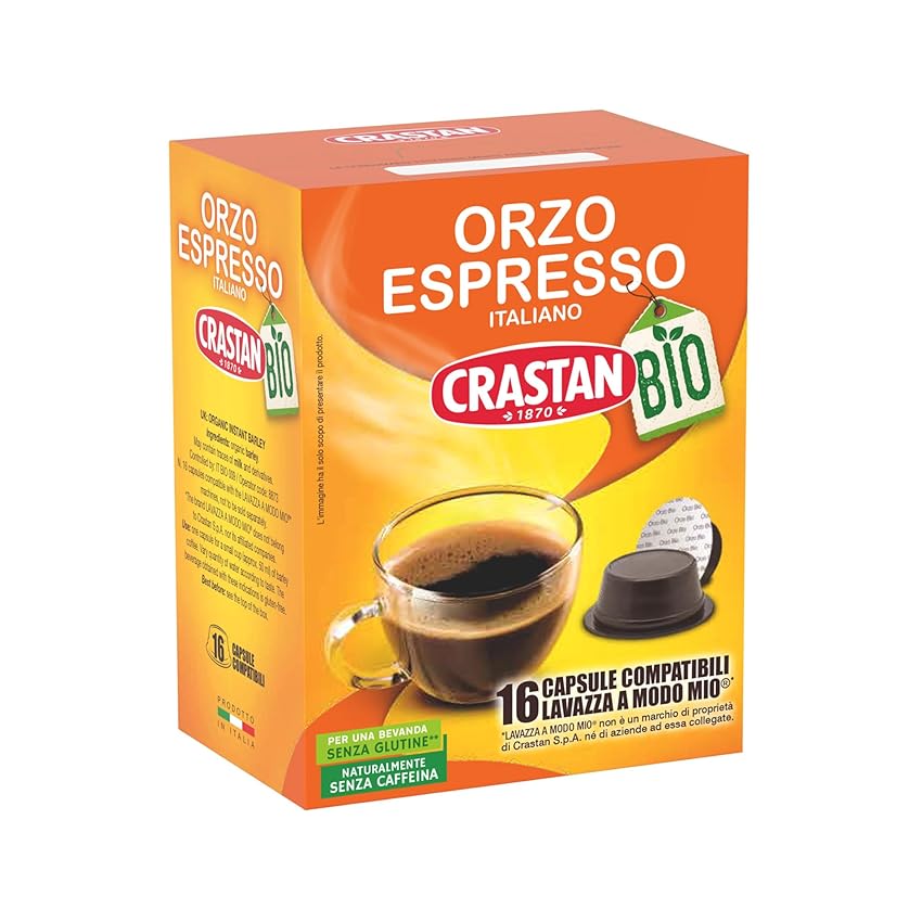CRASTAN 1870 - Capsule compatibili A Modo Mio ® - Orzo Biologico - 1 Box da 16 Capsule - Naturalmente Privo di Caffeina