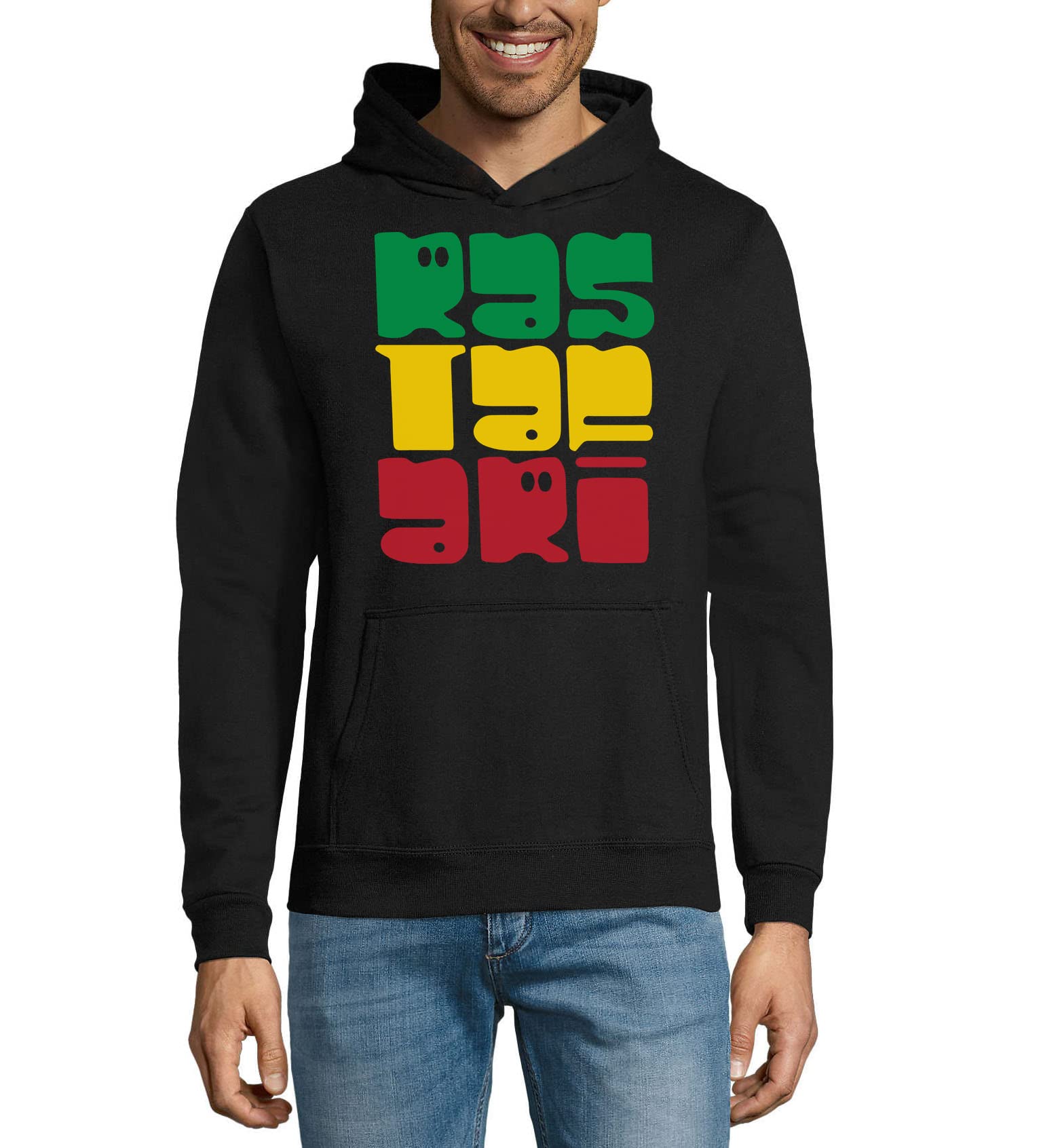 Rastafari Green Yellow Red Jamaica Felpa con Cappuccio Unisex in Misto Cotone con Cappuccio Nero