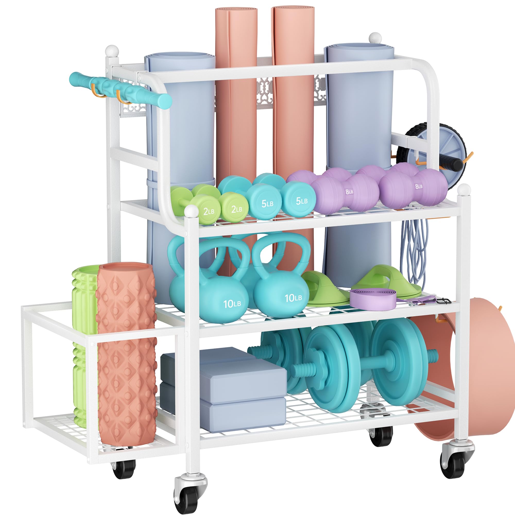 Photo 1 of Y&M Yoga Mat Storage Racks, Home Gym Storage Rack for Organizing Kettlebells Dumbbells Foam Roller, All-in-One Workout Equipment Storage Organizer with Hooks and Wheels, Yoga Strap and Resistance Band Yoga mat rack White 3 tier-White