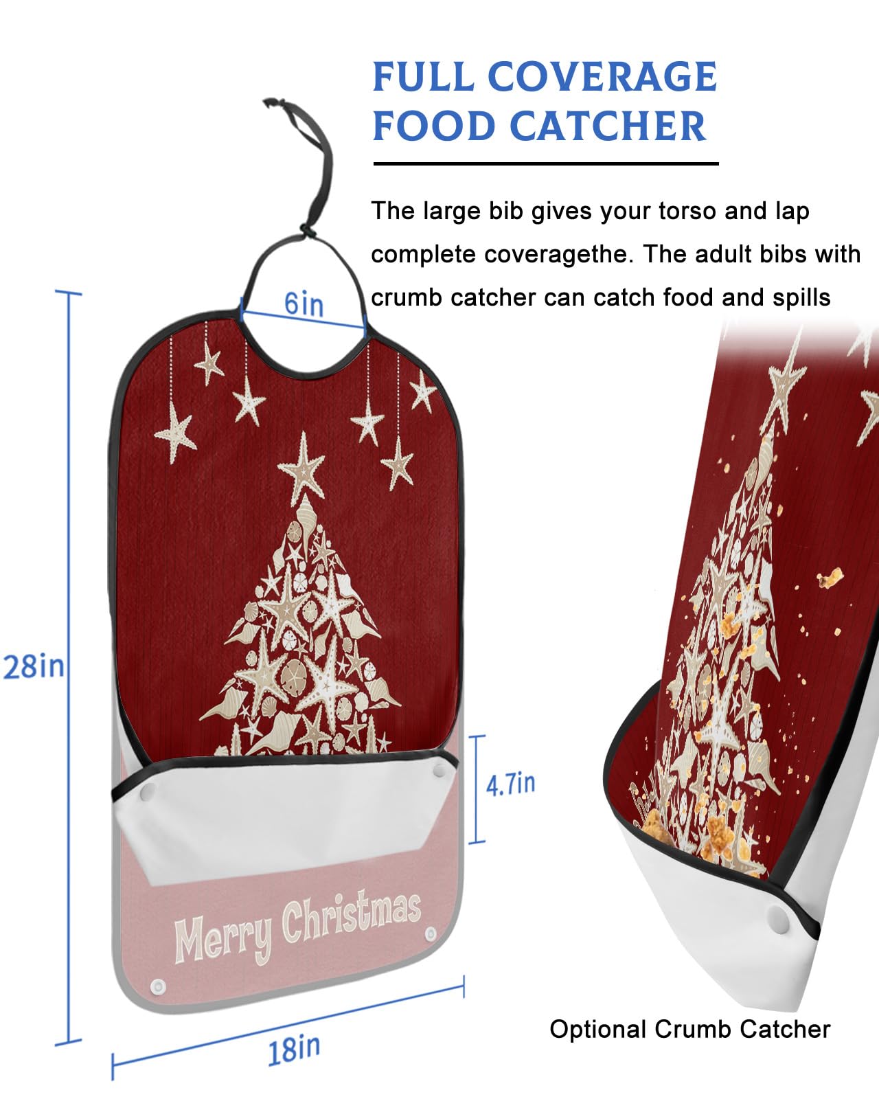 LEOKOTI Red Christmas Tree Adult Bibs for Eating, Waterproof Bibs with Food Catcher & Adjustable Snap Closure, Xmas Coastal Starfish Shell Washable Clothing Protectors Adult Bibs for Elderly Women/Men