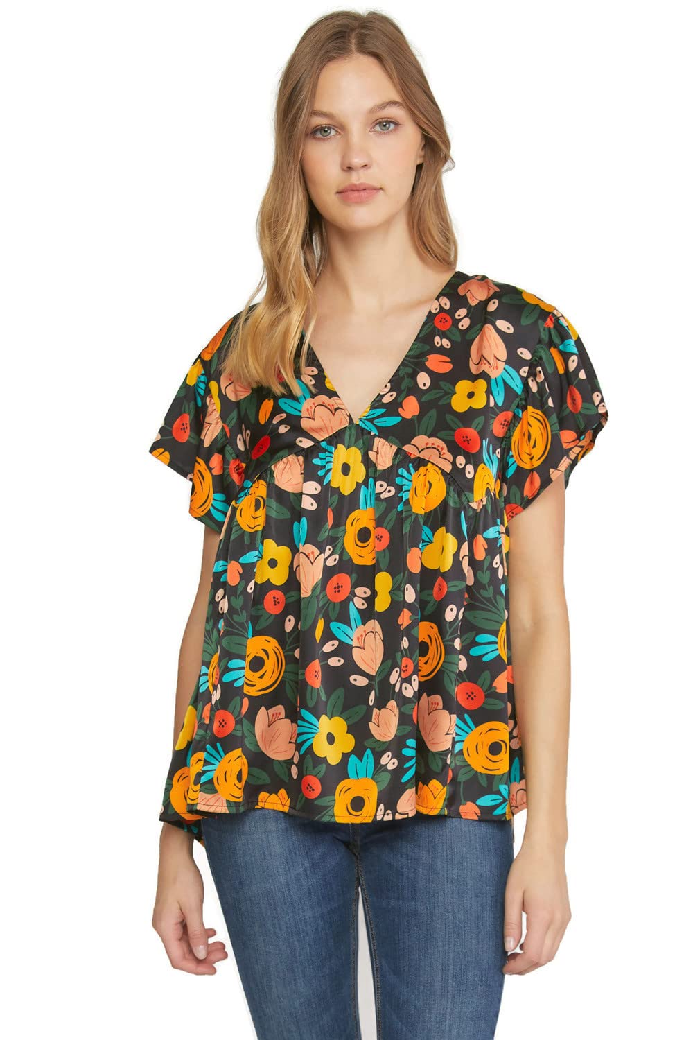 Entro Floral Flutter Sleeve Top, Black