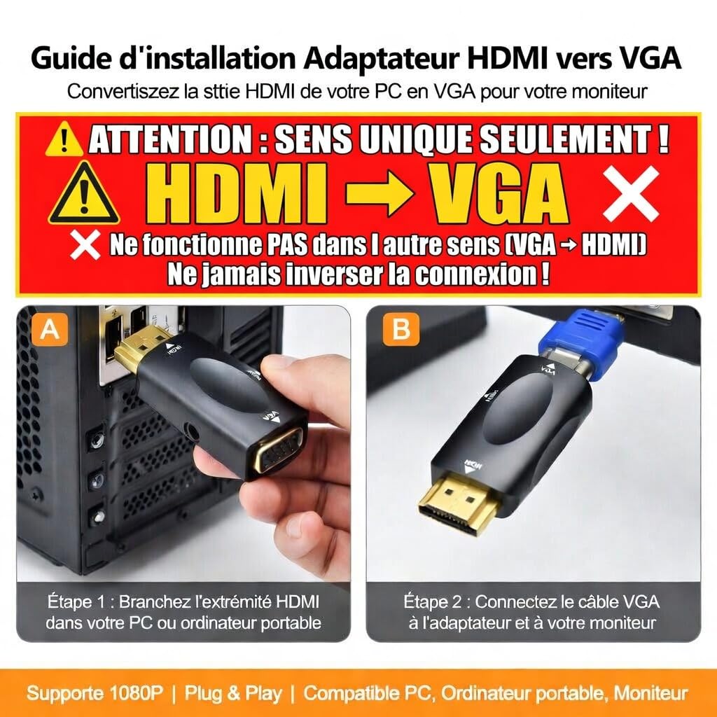 Adaptateur HDMI vers VGA Audio 3.5mm Convertisseur HDMI mâle VGA Femelle 1080p