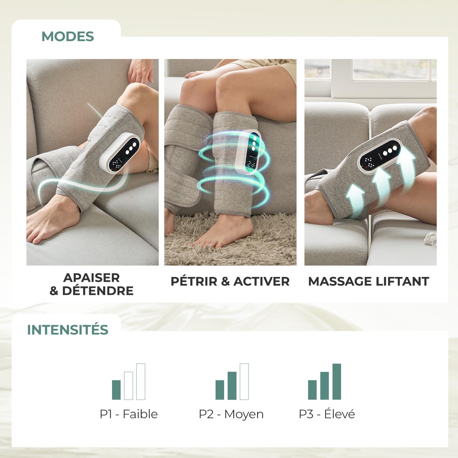 HubiCare Appareil de massage des jambes avec compression d'air et chaleur, 3 niveaux d'intensité, rechargeable USB-C, appareil de massage silencieux du mollet pour la relaxation et la circulation