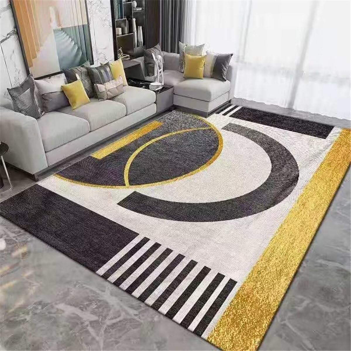 Tapis de salon gris-jaune 70x140 cm au design géométrique moderne