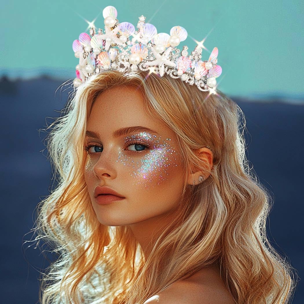 JEAIRTS Mermaid Crown Silver Shell Tiara Sparkly Ocean Princess Hair Accessories for Women - Image 6