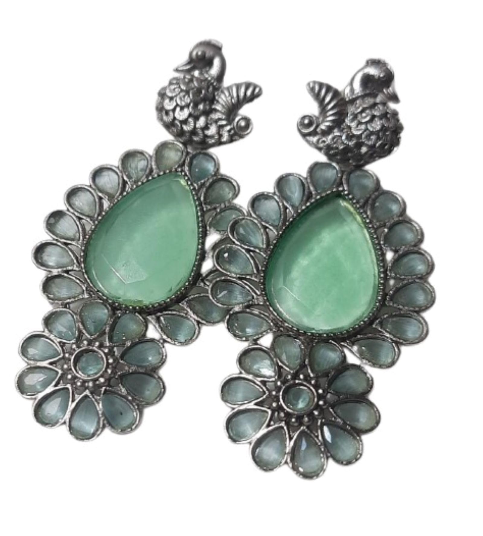 Jhumki with Mint Stone, Silver plated, Charming Peacock Design with stones (B0D5TTXQPN) Amazon Price History, Amazon Price Tracker
