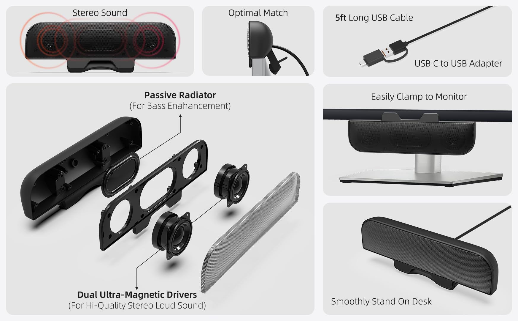 Altoparlanti per computer per PC desktop, altoparlanti monitor, plug-in USB, cablati, altoparlante esterno per laptop, soundbar per PC di piccole dimensioni, con suono forte, bassi profondi