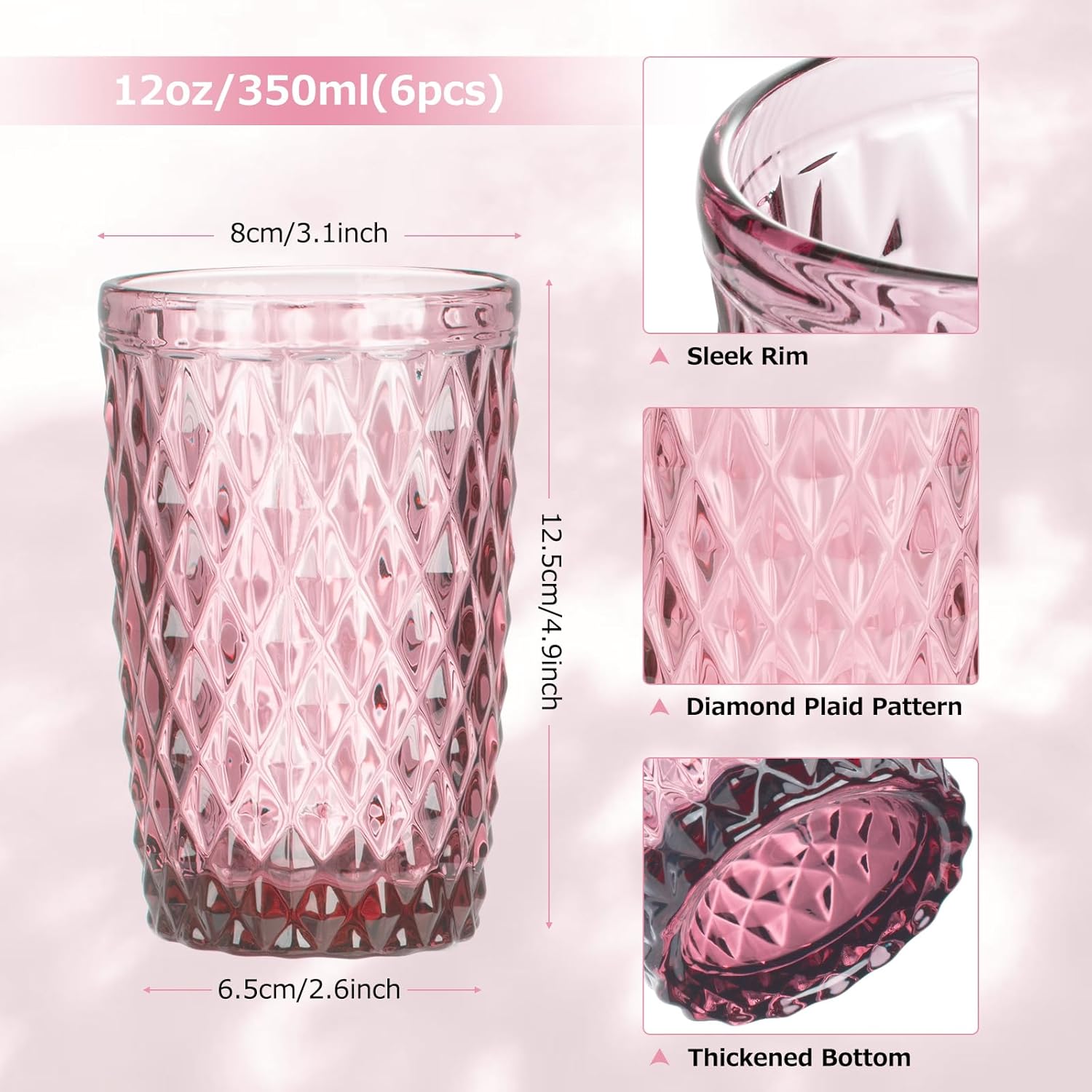 Topsky Highball Drinking Glasses Set of 6,12 oz Colored Glassware with Geometric Diamond Pattern,Embossed Diamond Tumblers,Blue Vintage Glassware Set for Beer,Juice,Cocktail - Image 3