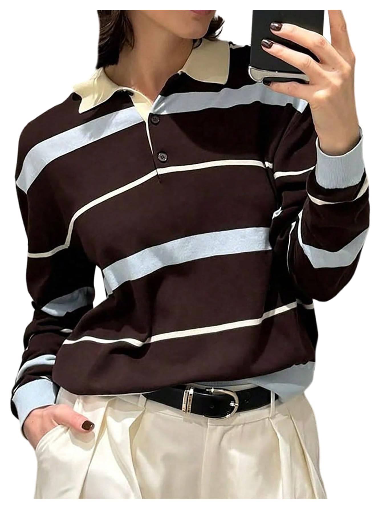 Verdusa Womens Preppy Colorblock Striped Cozy Sweaters Old Money Collared Knit Tops Fall Pullovers