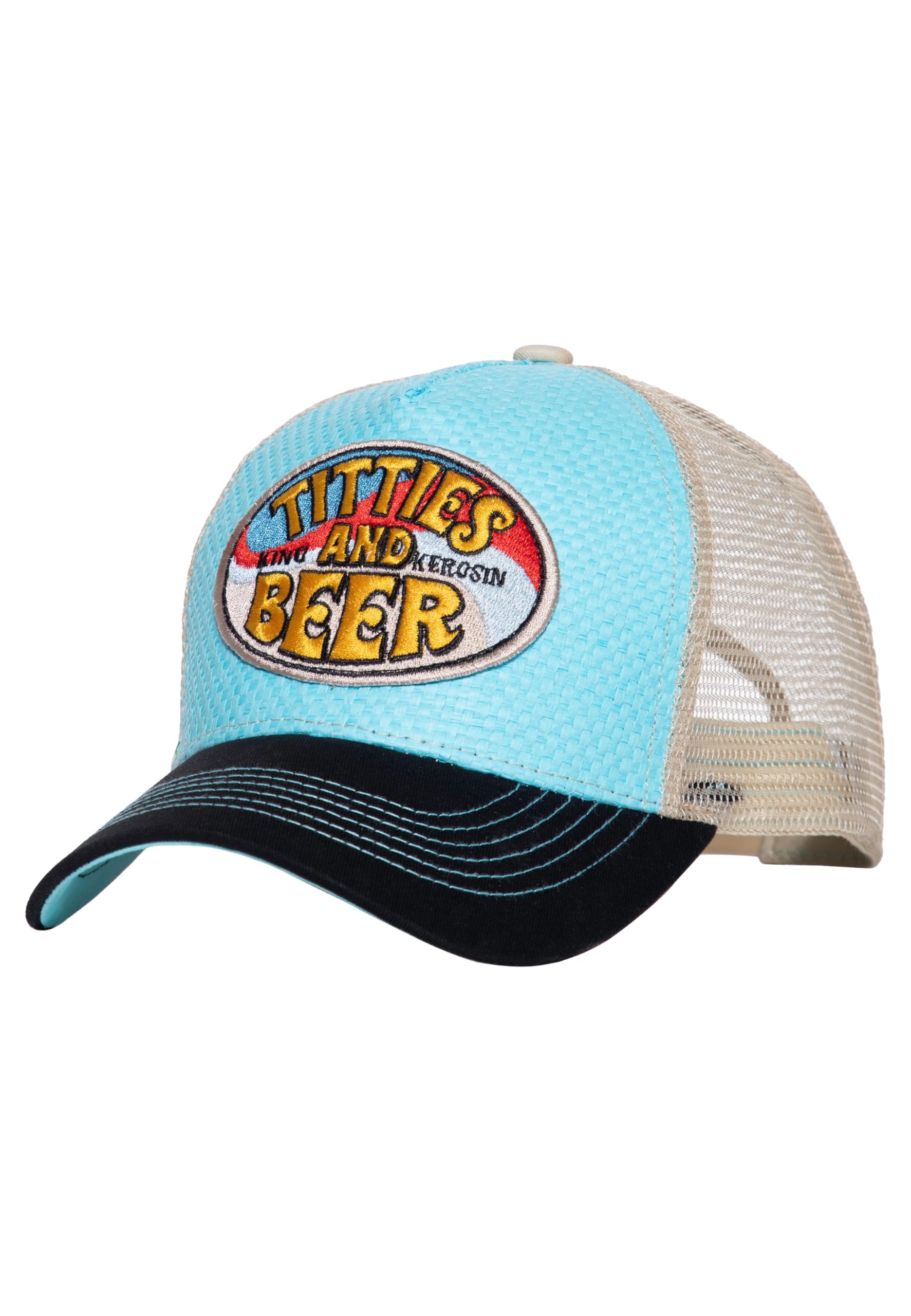 King Kerosin Men's Trucker Cap · Cap · Mesh Cap · Snapback · Hawaii · Motorcycle · Vintage · Front Patch · Retro · Patch · Embroidery · Summer · Titties and Beer, lightblue, One Size