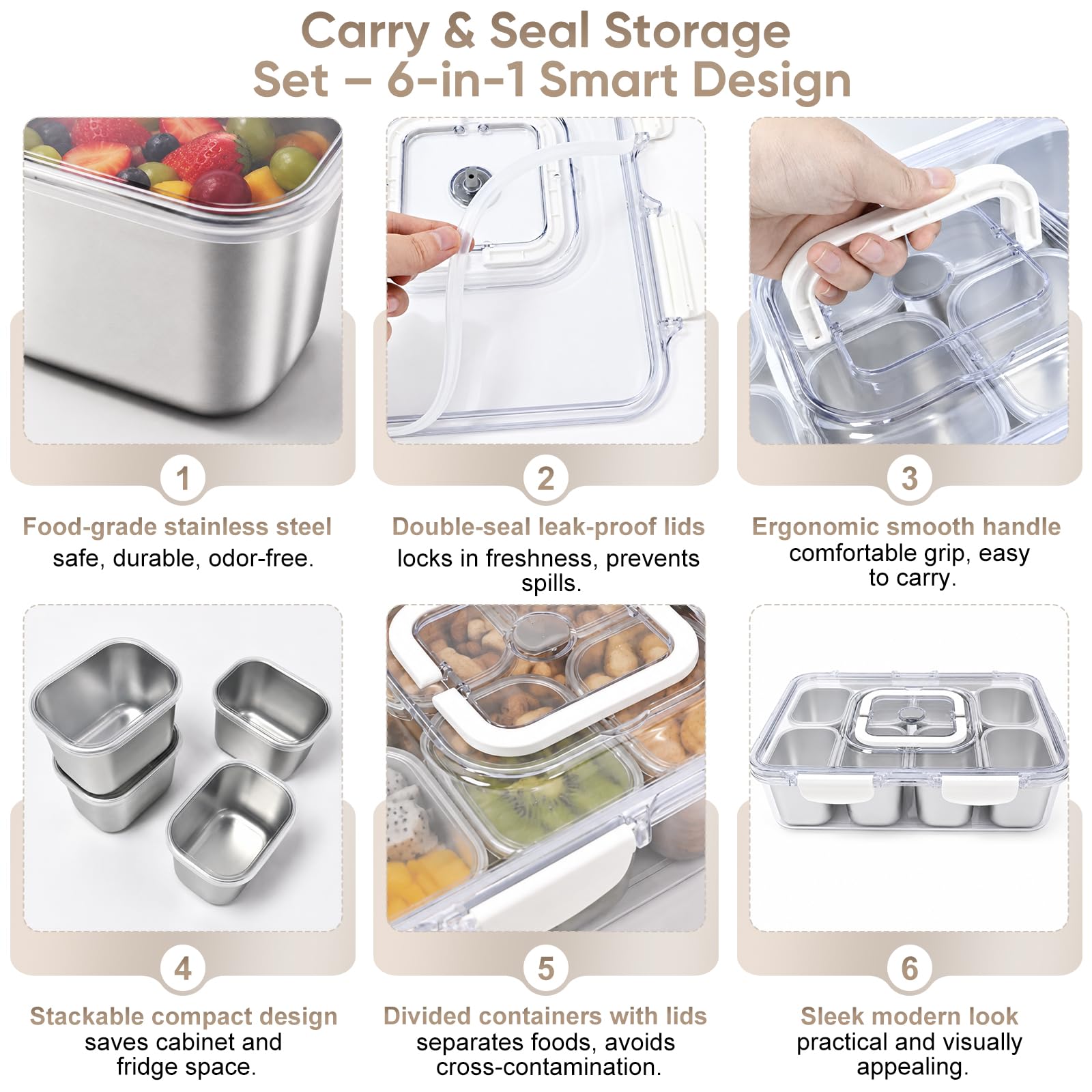 Lot de Snack Box avec 8 Pcs Boites Inox 300 ml | Boite Conservation Alimentaire de 4500ml avec Couvercle et Poignée, Senza BPA, Boîtes Alimentaires pour Meal Prep