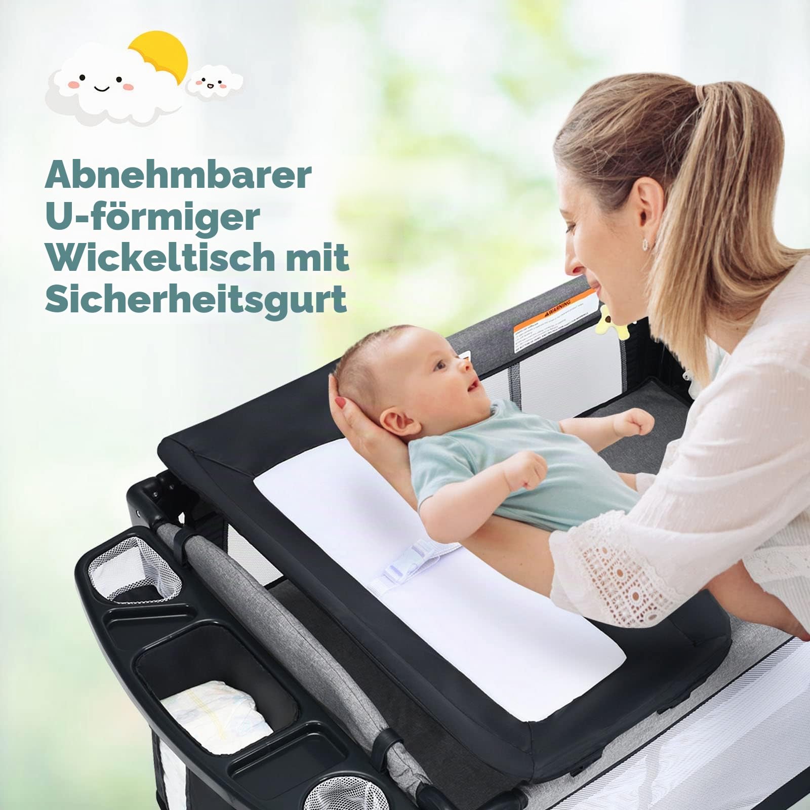GOPLUS Baby Reisebett, Kinderreisebett mit Matratze und Windelhalter auf Rollen, Babybett mit Seiteneingang Tragetasche, Spielzeugständer und Spieluhr, 0-3 Jahre bis 15 kg (Schwarz)