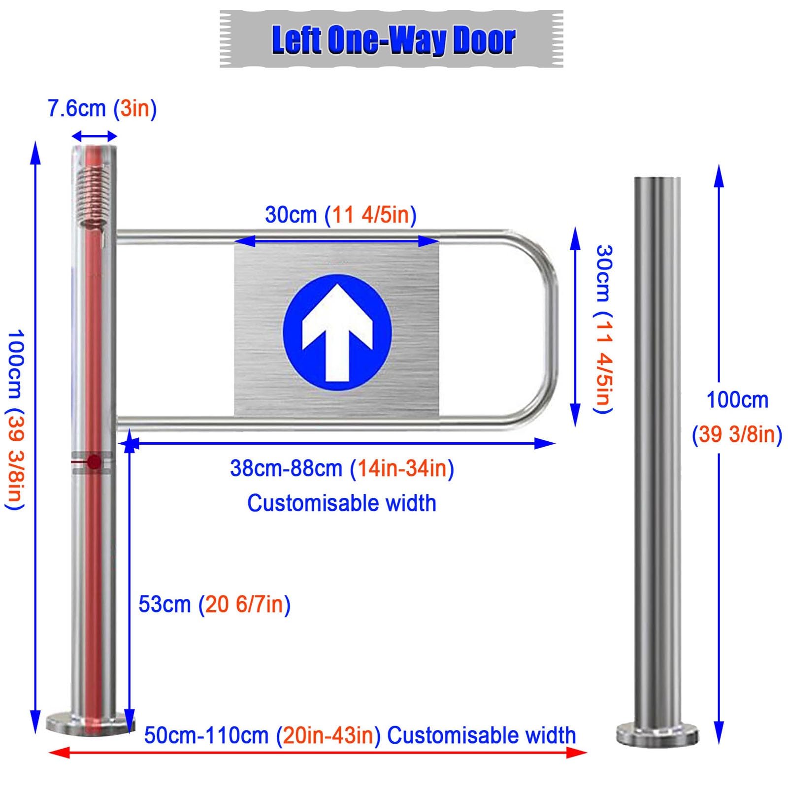 Cancelletto di sicurezza a chiusura automatica, con supporto per palo, a 90 gradi, per corridoi industriali e di mercato, finitura argento, 80 x 100 cm, accesso unidirezionale, design resistente