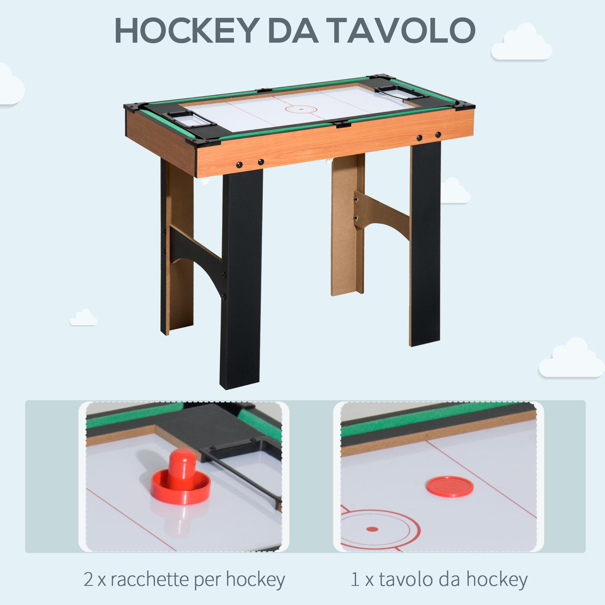 HOMCOM Tavolo Multigioco 4 in 1 con Calcio Balilla, Biliardo, Ping Pong e Hockey da Tavolo, Tavolo da Gioco con Accessori, in Legno MDF, Legno Naturale e Nero