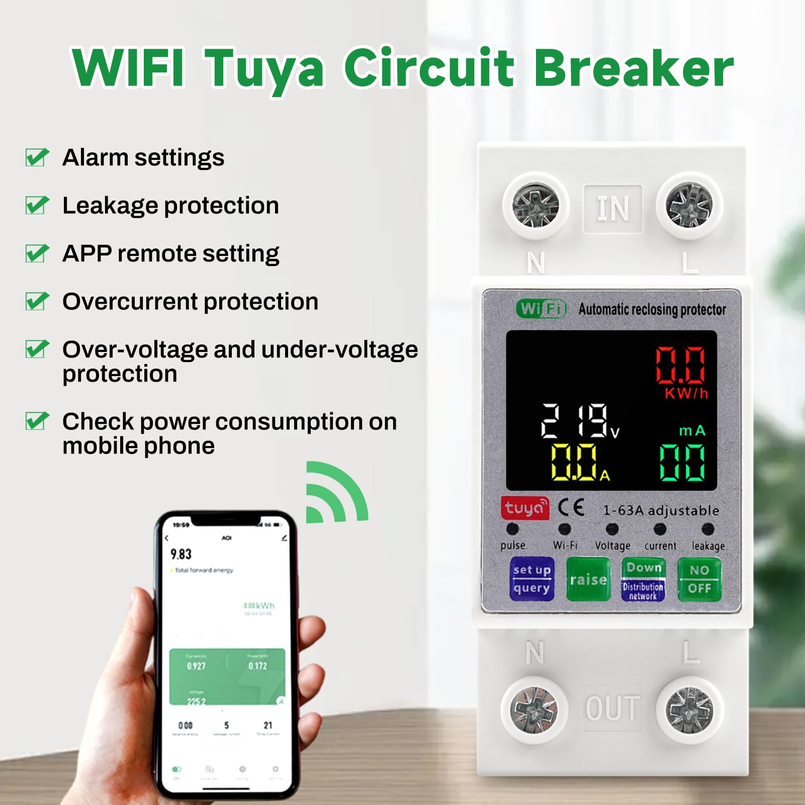 63A Disjoncteur différentiel Wifi Interrupteur protecteur de surtension compteur electrique 2P 220V AC Auto réinitialisation La surtension/sous-tension et la surintensité peuvent être réglées.