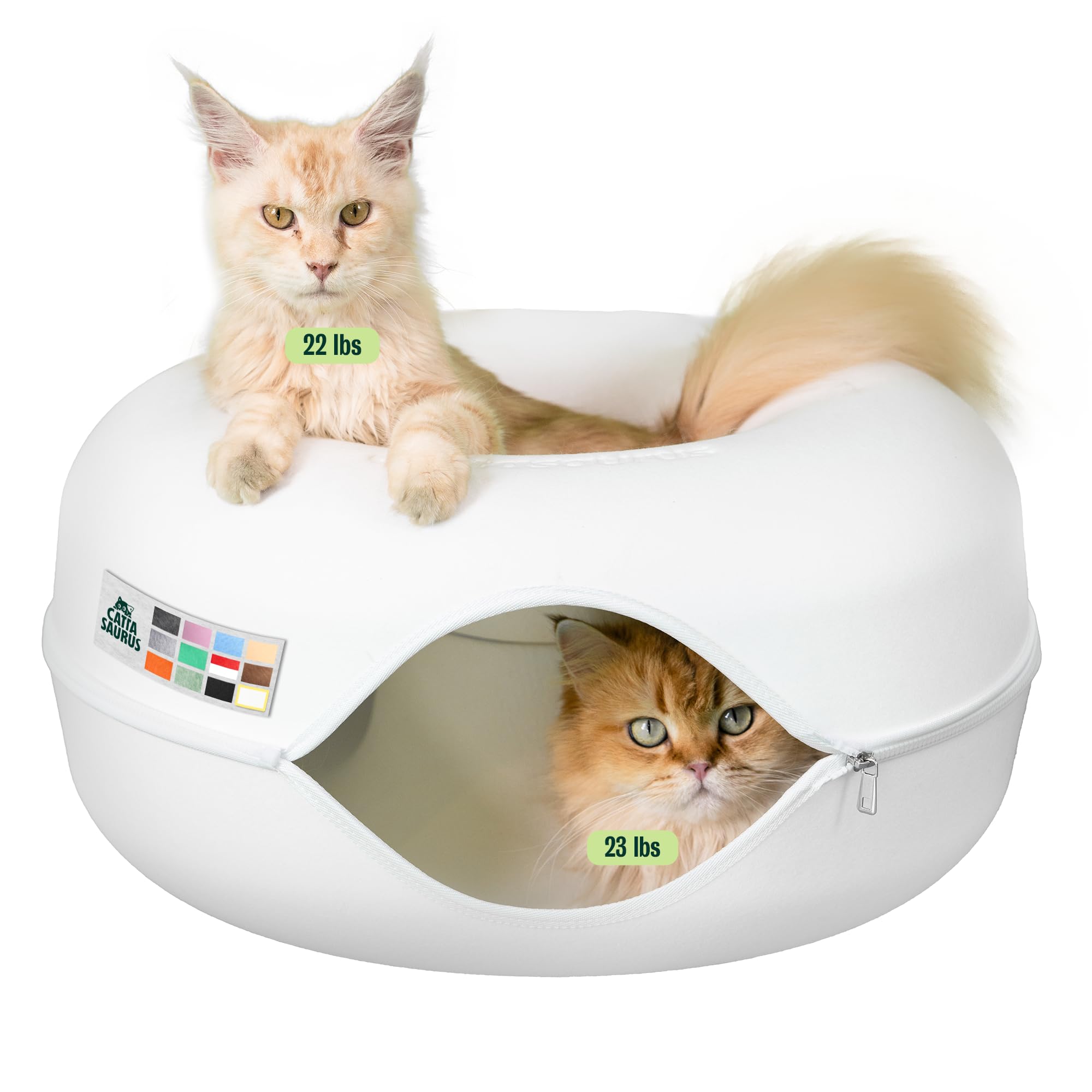 Cattasaurus Peekaboo Cat Cave Donut for Multiple &amp; Large Cats up to 30-45 lbs, 3-in-1 Self Warming Cat Bed, Tunnel &amp; Scratcher for Indoor Cats, Washable &amp; Detachable Small Dog Bed (White, Large)