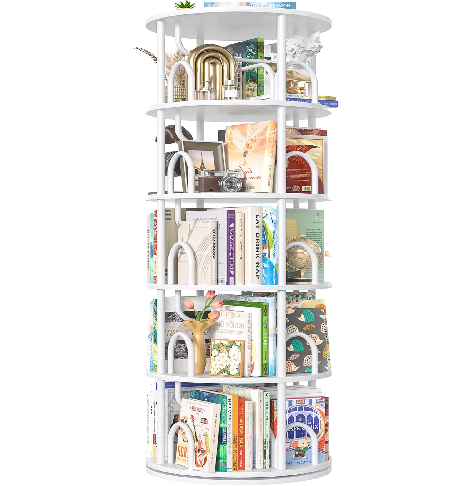 aheaplus 5 tier rotating bookshelf tower, 360 display spinning bookcase, revolving round book shelf narrow swivel bookshelf, vertical turning spiral corner book organizer for small space, white