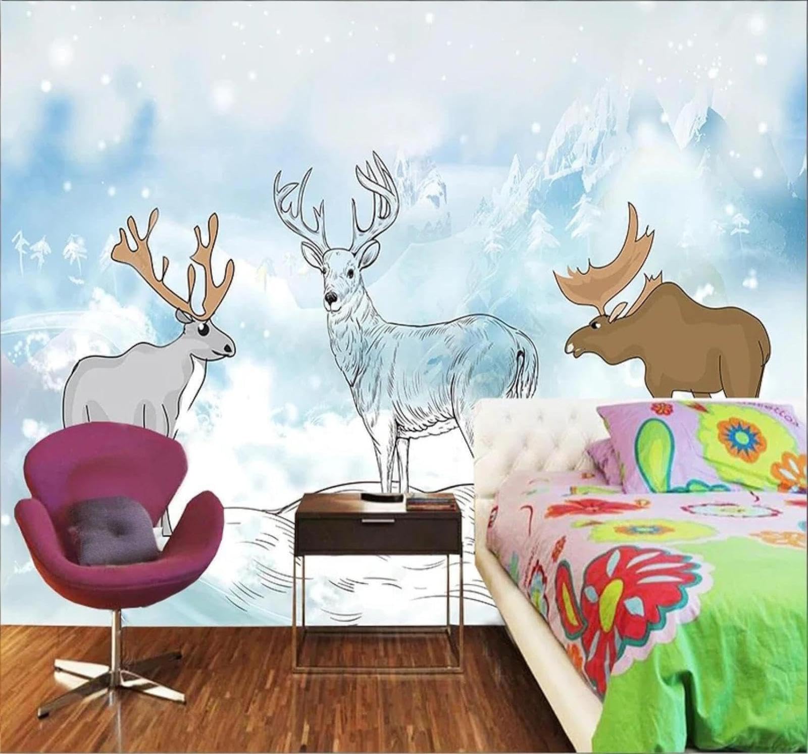 Xlming 250Cm×170Cm(B×H) Hand Drawn Animals Moose Snowflakes Snow Capped Mountains 3D Wallpaper Luxury Silk Study Dining Feature Sofa Grey Bedroom Living Room Tv Decorative Wall-250Cm×170Cm