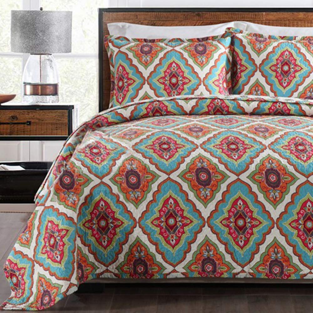 Parure de lit matelassée réversible 3 pièces motif floral King Size en coton