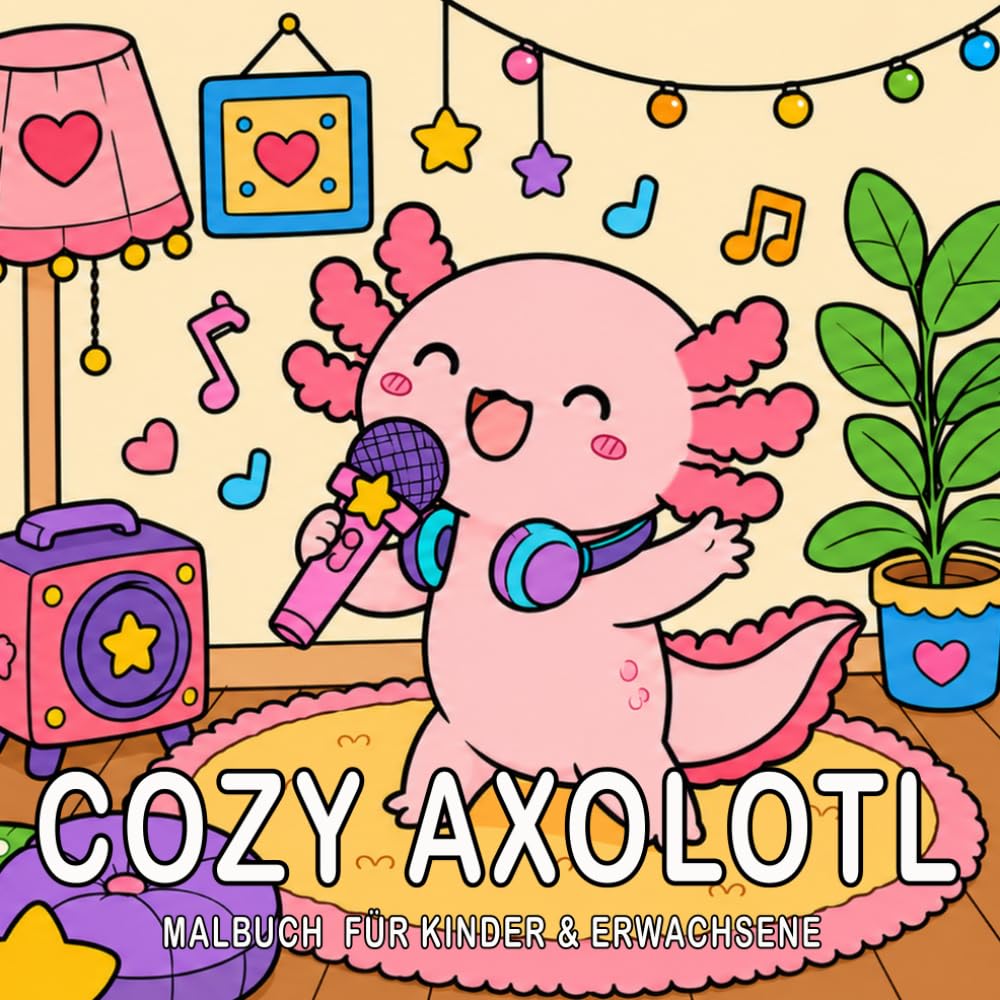 Cozy Axolotl: Ein süßes Kawaii-Axolotl-Malbuch für Kinder und Erwachsene mit gemütlichen Alltagsszenen, einfachen Motiven, niedlichen Aktivitäten und einseitig bedruckten Ausmalbildern