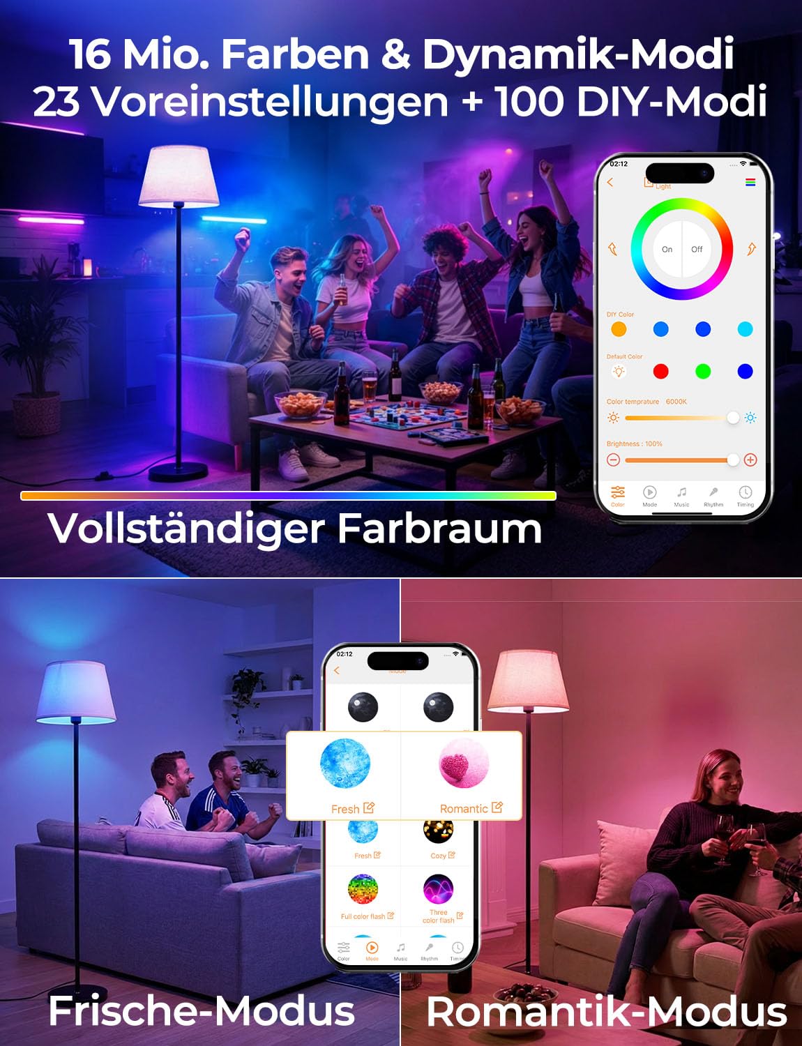 Intelligente LED Stehlampe Wohnzimmer Dimmbar RGB mit Fußschalter und App-Steuerung, 16 Millionen Farben, 152cm Moderne Stehlampe mit Glühbirne, 2700K-6000K, CRI92, 10W 1200LM für Schlafzimmer & Büro
