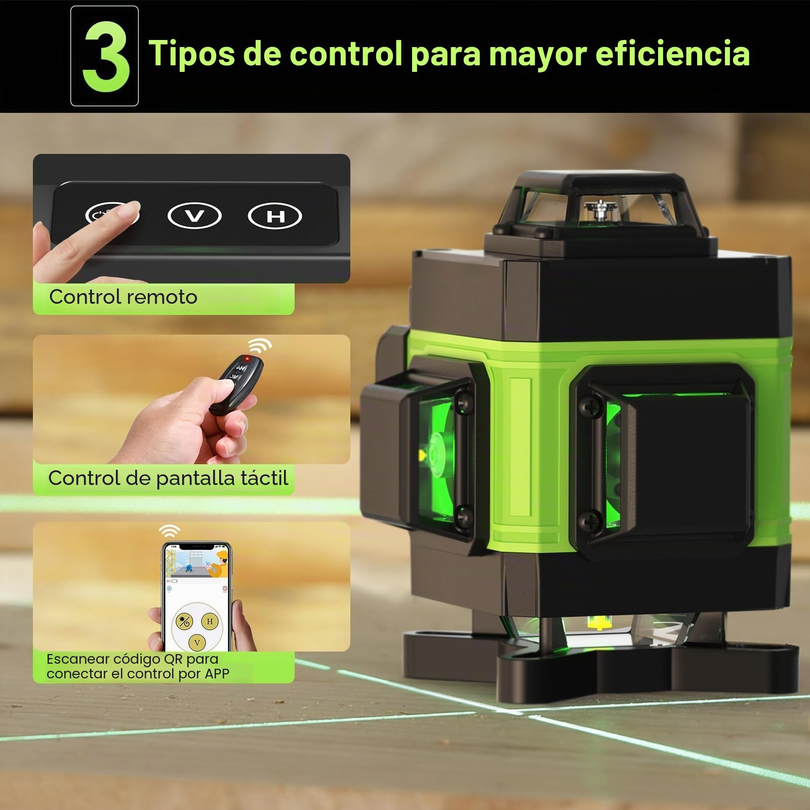 Geevorks Nivel Laser Autonivelante con Tripode,Nivel Láser 4D de 16 Líneas con 2 * 2400 mAh Batería,Alcance de 25 m,360 Verde,Soporte de Trípode de 1,2 m,Control Remoto