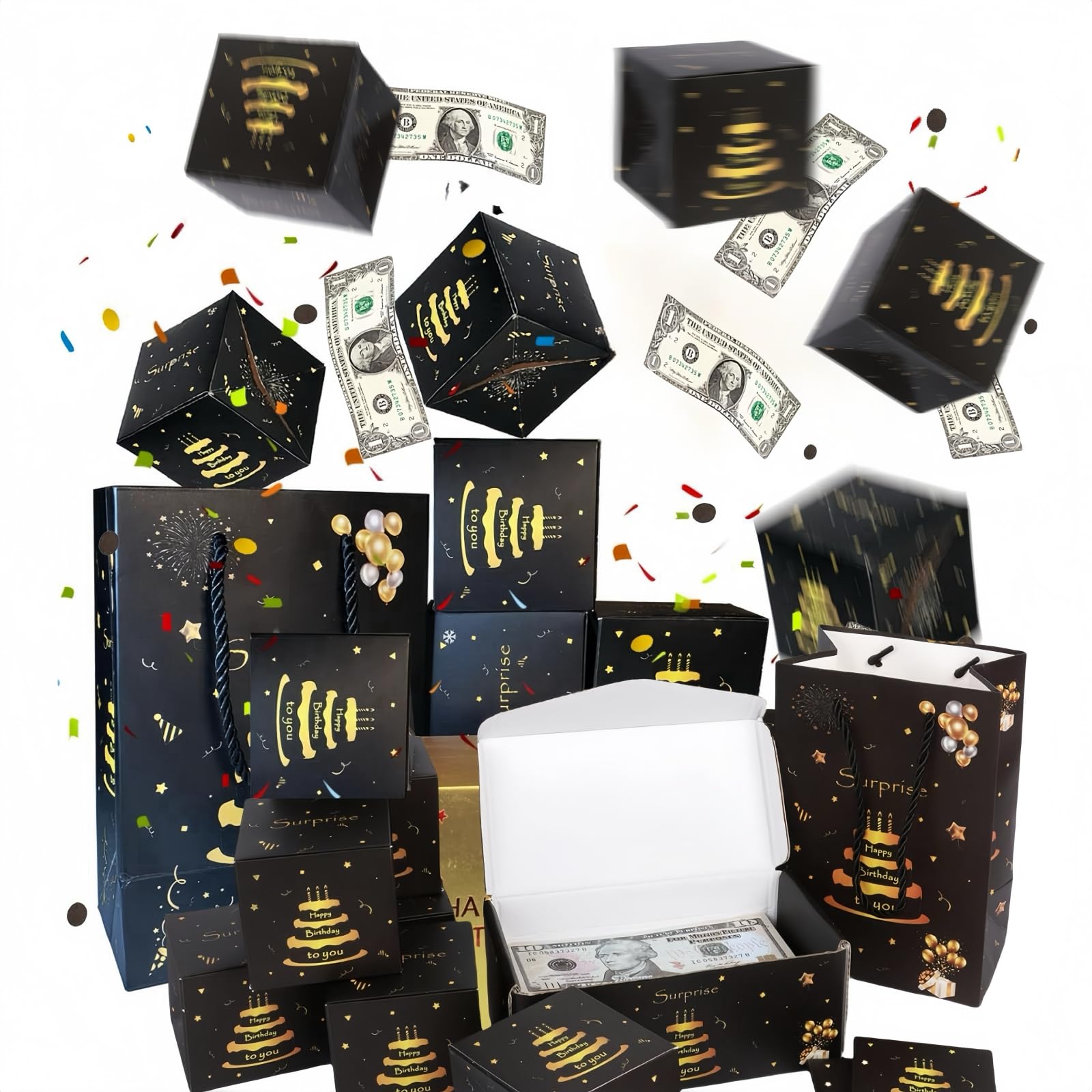 Birthday Pop Up Money Gift Boxes,Black Gold Exploding Money Gift Box 10Pcs Explosion Pop Money Box with Confetti,Folding Bouncing Cash Boxes Money GiftBox for Cash Gifts 18th Surprise Gift Box for Men