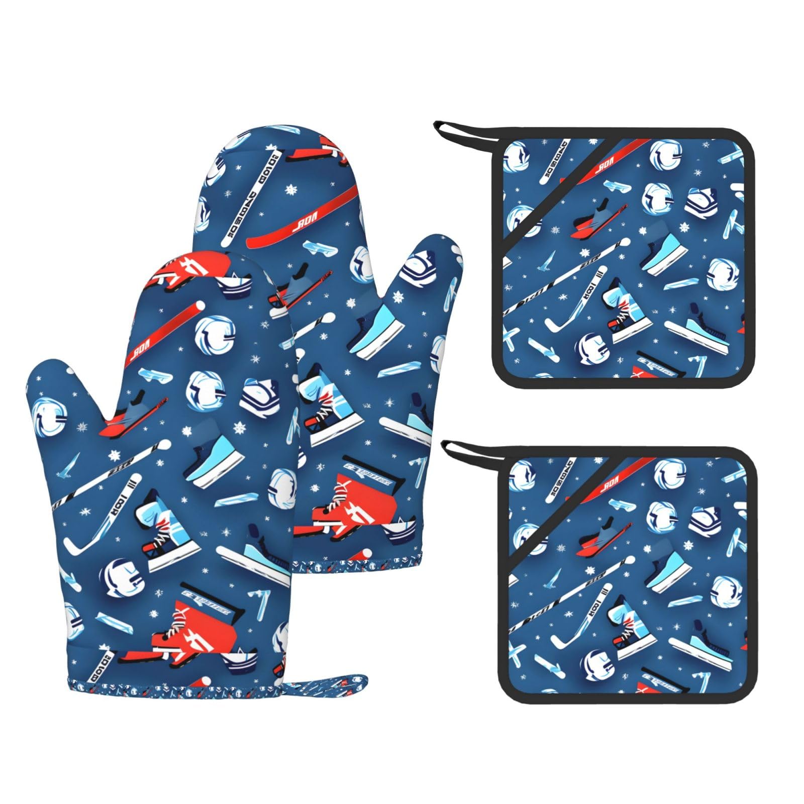 Ice Hockey Print Print Kitchen Heat Resistant Set,Cooking Kit With Hanging Loop For Baking & Bbq
