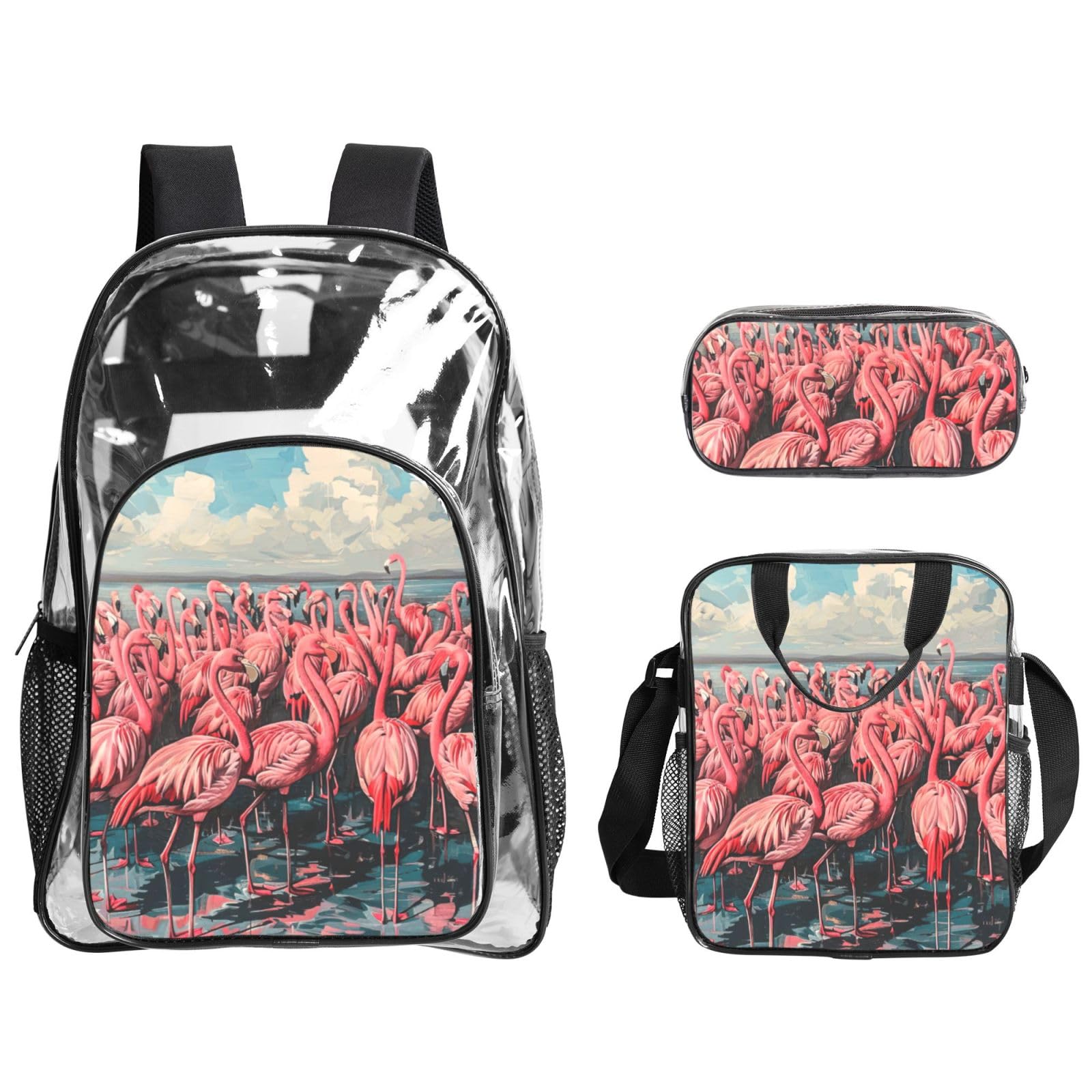 Flamingo Print 3-częściowy przezroczysty plecak zestaw do podróży na świeżym powietrzu przygody wakacje przezroczysta torba
