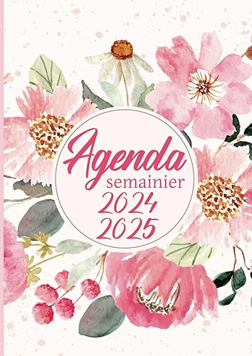 Agenda 2024 2025 Semainier Professionnel: Planificateur hebdomadaire avec heures de juin 2024 à juillet 2025 (14 mois) - 1 semaine sur 2 pages - ... - Grand format A4 - Fleurs roses aquarelle