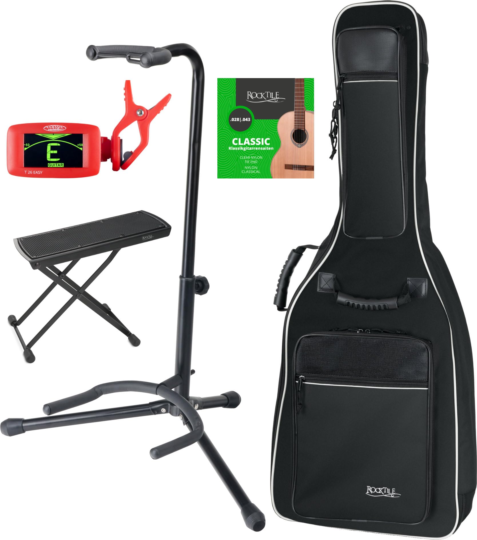 ROCKTILE 5-teiliges Zubehörset - für 4/4 Konzertgitarre - Gitarrentasche - Stimmgerät - Fußbank - Gitarrenständer - Saiten