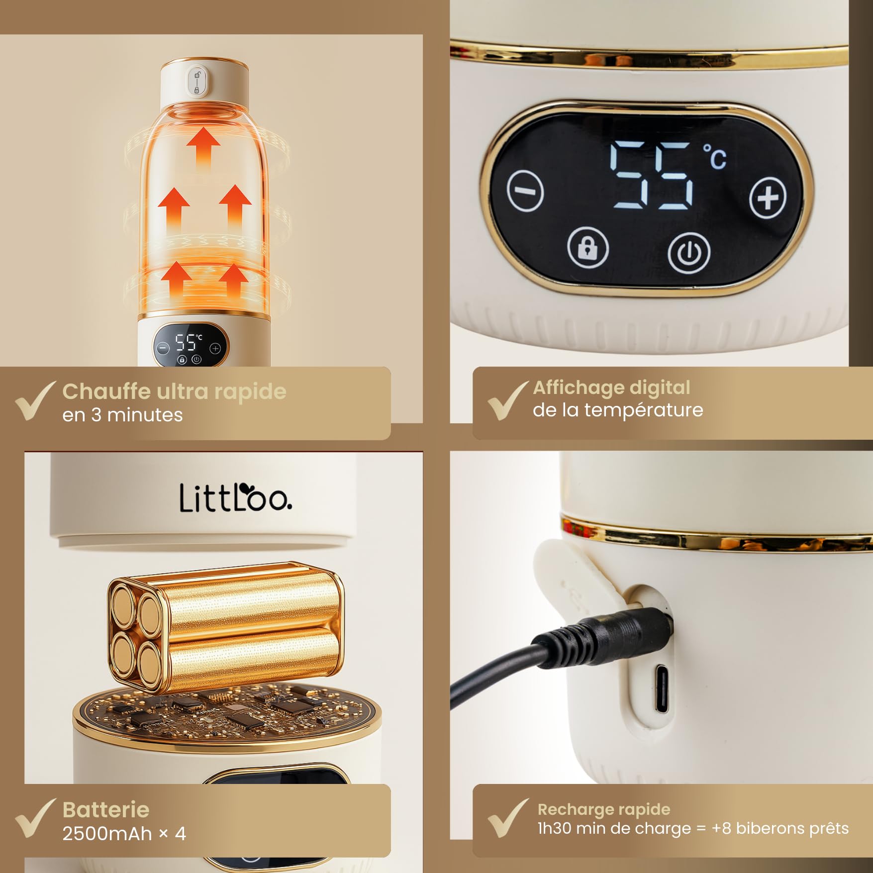 LittLoo Chauffe Biberon Sans Fil Portable, 500ml, Nomade USB-C, Température Réglable 35-65°C, Pasteurisation, Inox SUS316 Sans BPA, Autonomie 8 Biberons, Voyage Voiture Nuit, Lait Maternel
