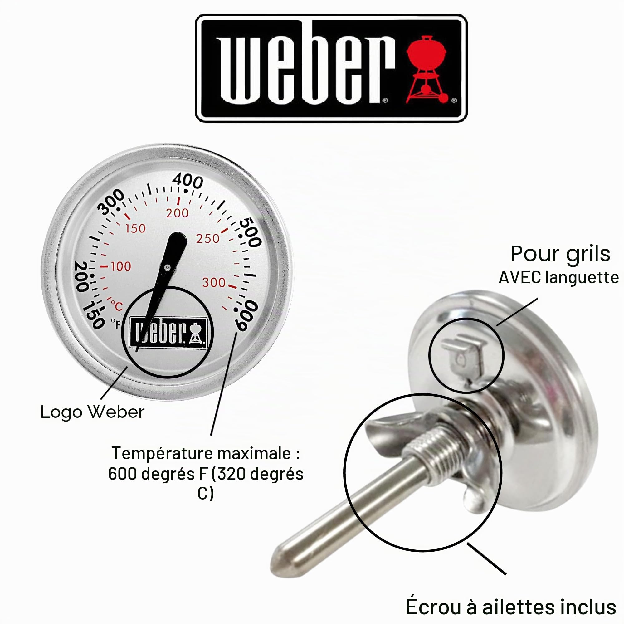 Weber 60540 Charcoal, Spirit, Q Grill Thermomètre de rechange, 4,5 cm de diamètre