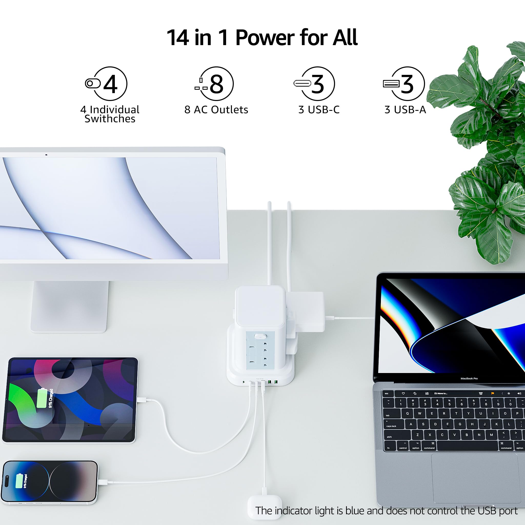 Tower Extension lead with USB Slots, Toomke 8 Way (13A/3250W) Plug Extension Socket Tower with 3 USB C and 3 USB A, Overload Protection Extension Cord with 4 Independent Switches, Power Cord 1.8M — view 3