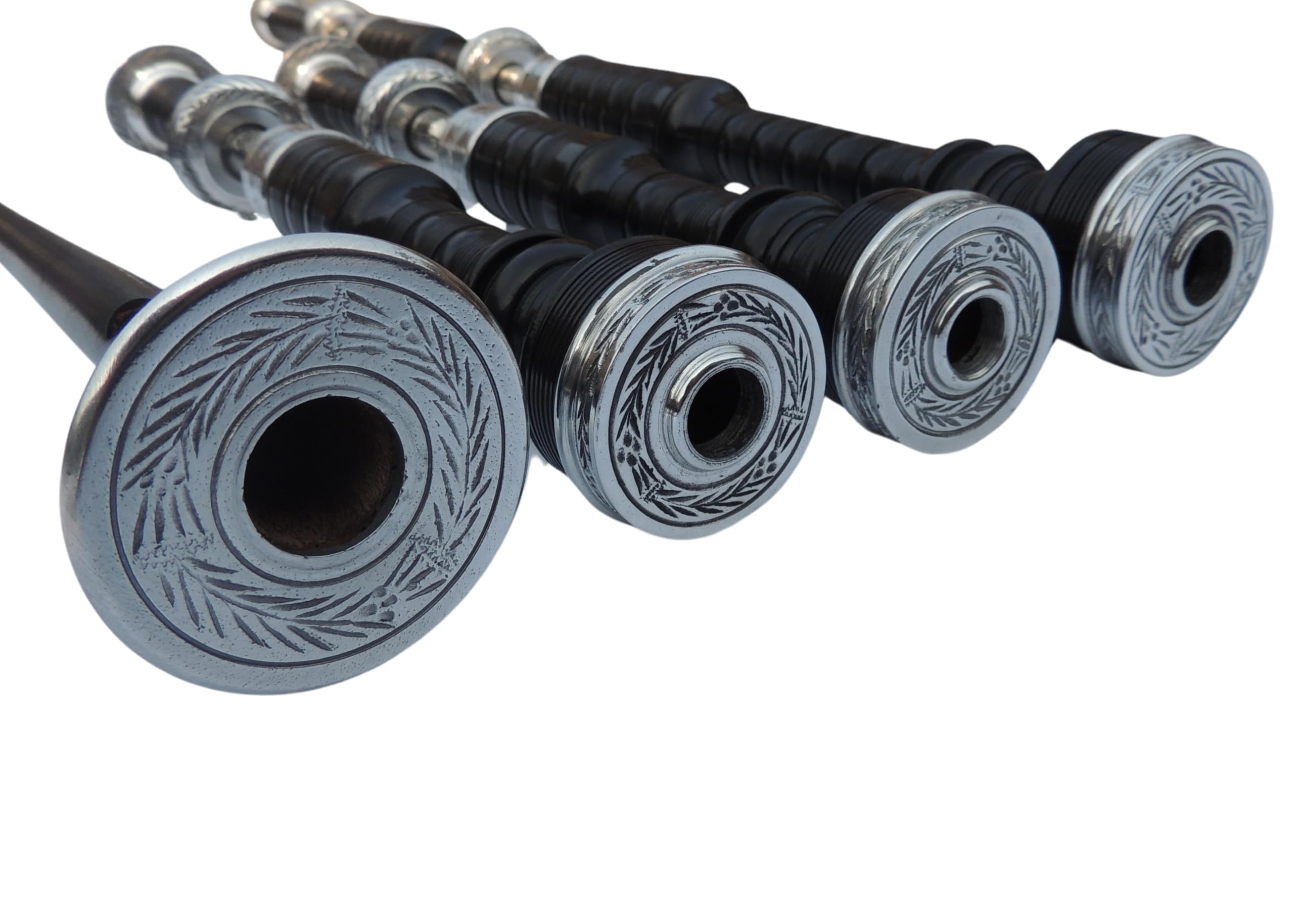 Cornamusa Great Highland in legno di cobolo sfumato nero con supporti incisi in nichel argento e cordino di copertura in velluto nero, per studenti, kit completo con guida per