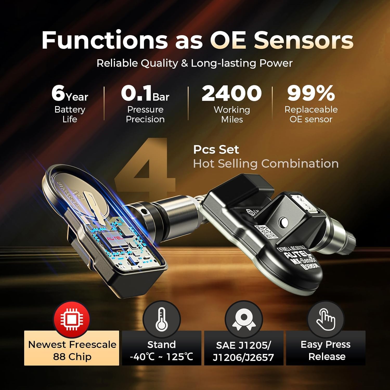 Czujnik Ołtarza MX-Sensor TPMS, Wymiana Czujnika Podwójnej Częstotliwości do Wszystkich Samochodów, Identyczny z Czujnikiem OE, System Monitorowania Ciśnienia 100% Klonowany (Metalowy Zawór, 4 Sztuka)