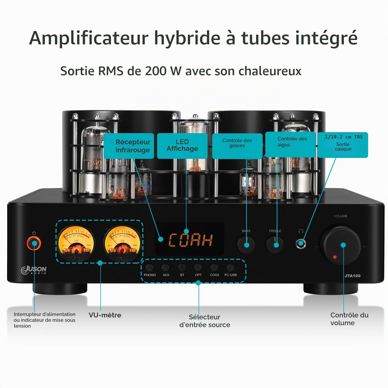 Juson Audio JTA100 Amplificateur à Tube sous Vide 200 W Hybride intégré avec BT 5.0 Optimal AUX RCA entrée Phono et Sortie Casque 2.1CH Class AB HiFi Home Audio pour Tourne-Disque
